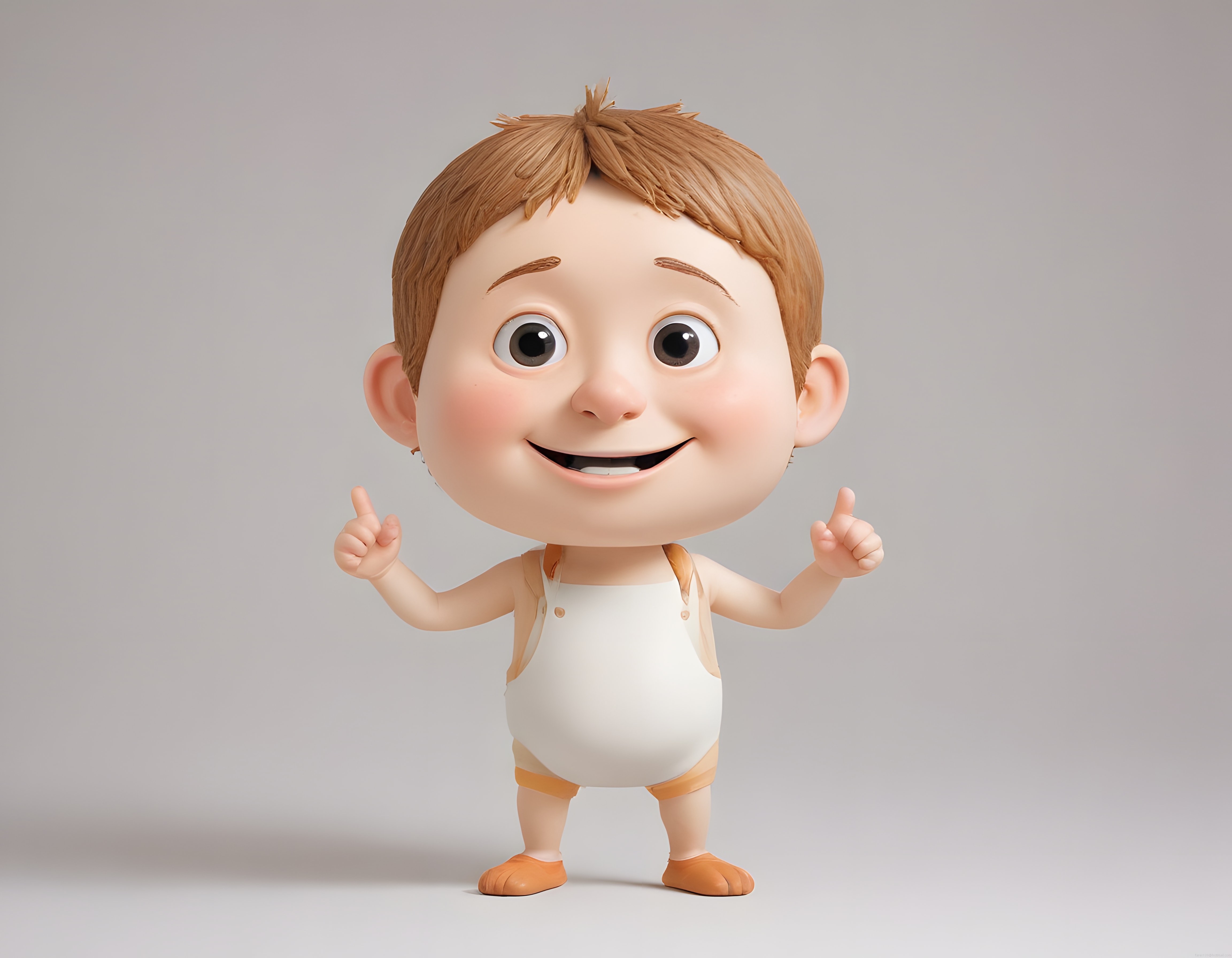 Sevimli 3D Animasyon Bebek Karakteri Gülümseyerek İki Parmağıyla Yukarıyı Gösteriyor