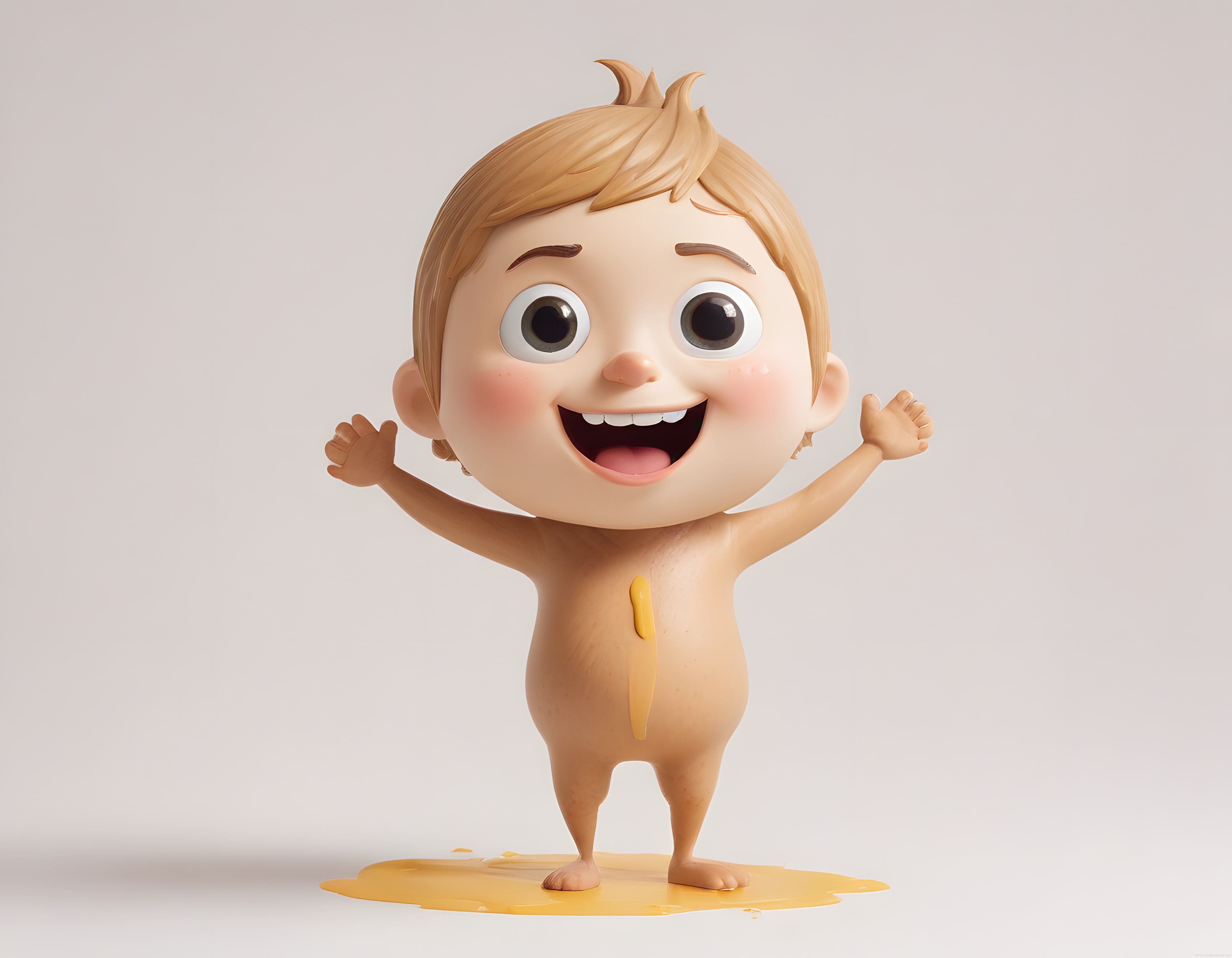 Sevimli 3D Animasyon Bebek Karakteri Sarı Sıvı Üzerinde Neşeyle Poz Veriyor