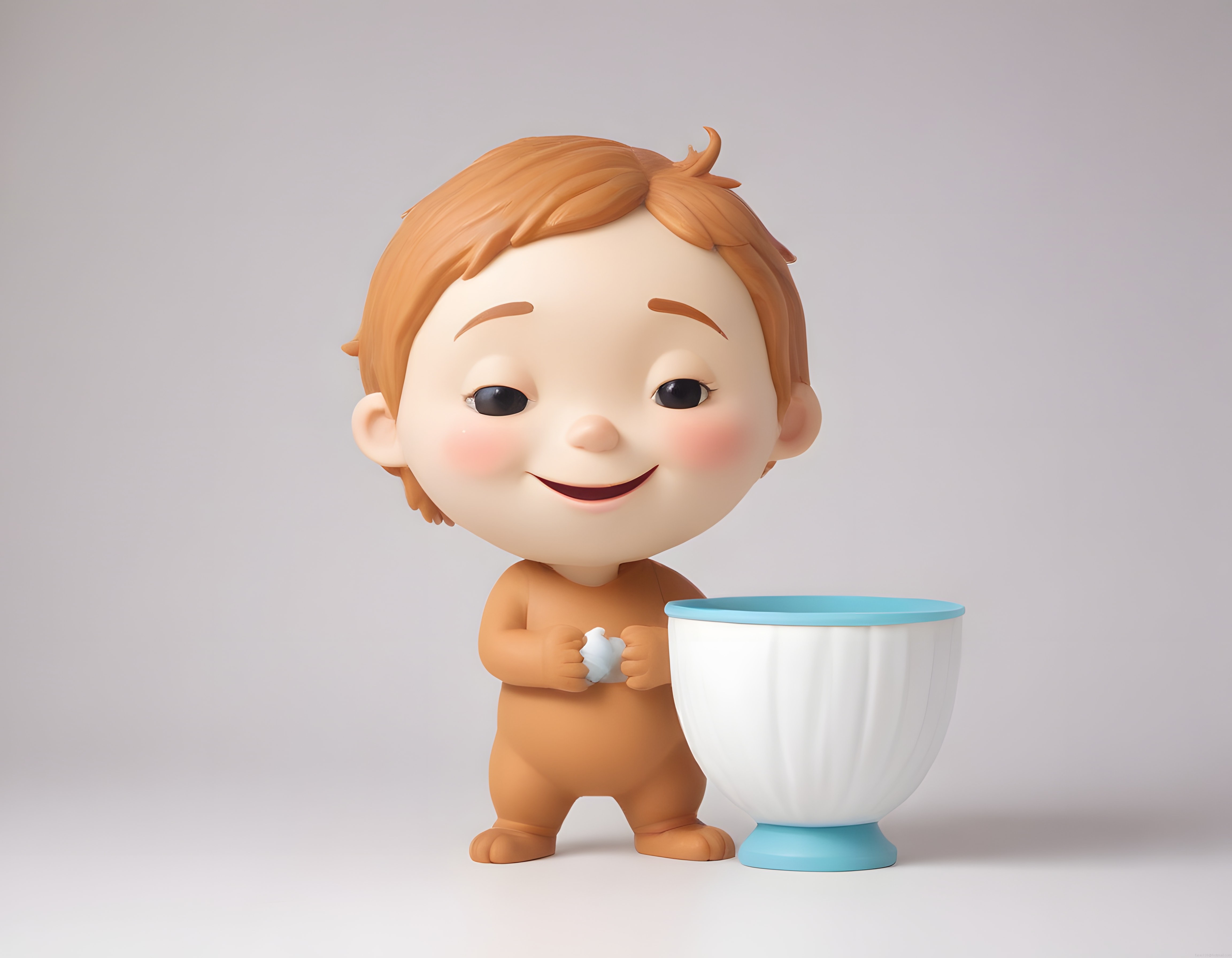 Sevimli 3D Animasyon Bebek Karakteri ve Mavi Beyaz Kupası ile Masalsı Mini Sahne