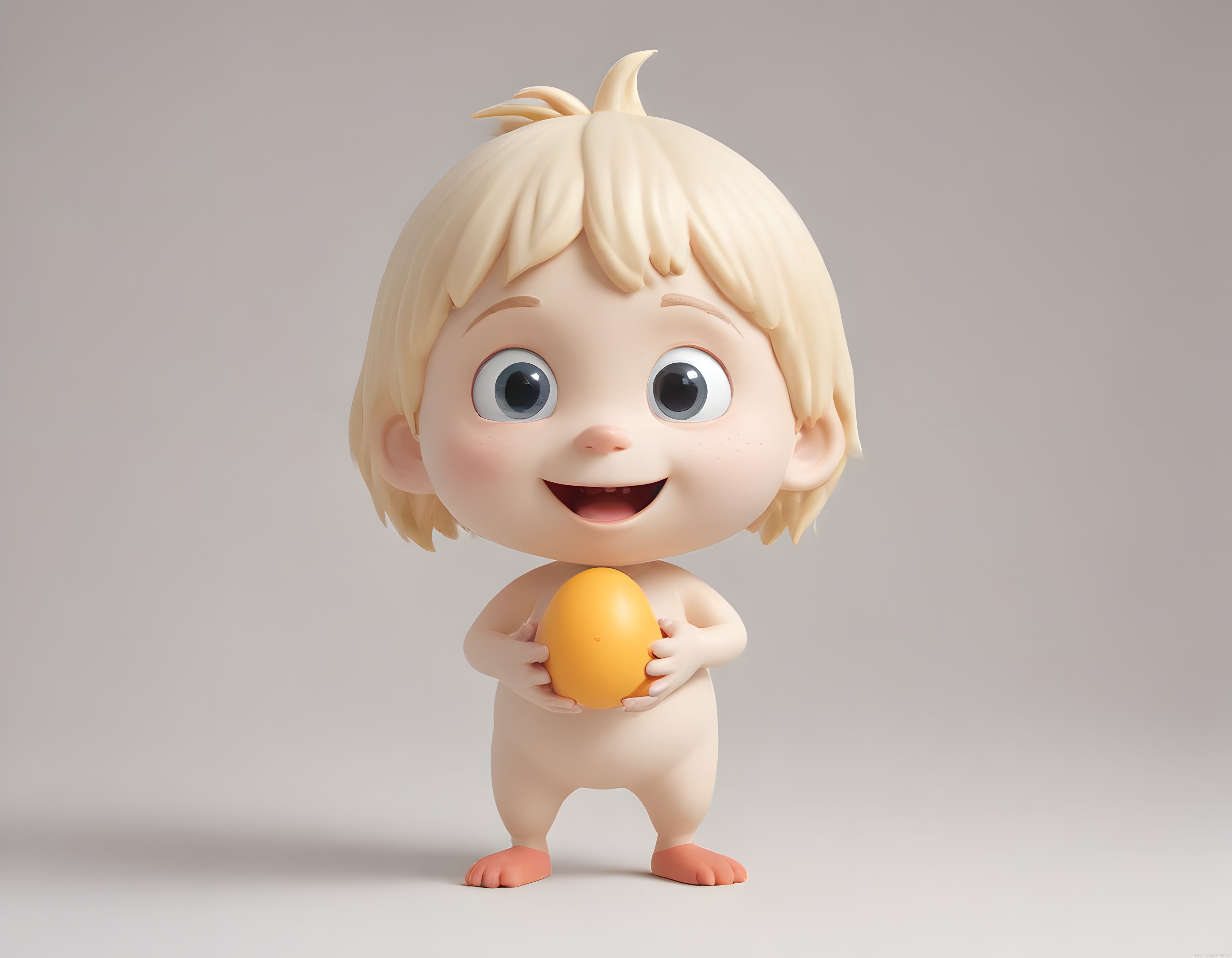 sevimli 3d animasyon bebek karakteri yumurta tutarken neşeyle gülümsüyor