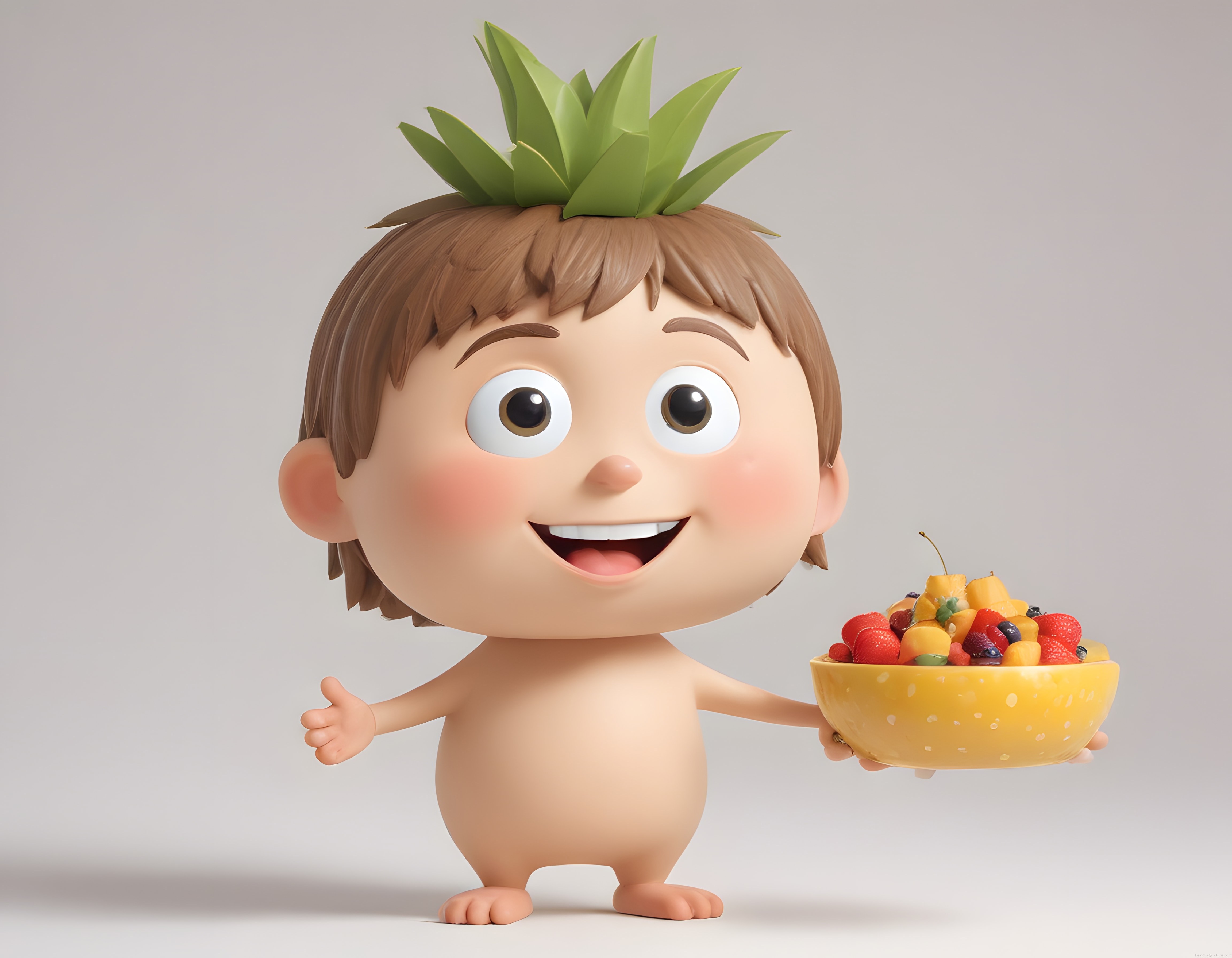 Sevimli 3D Animasyon Çocuğu Elinde Renkli Meyve Kasesiyle Neşeyle Gülümsüyor