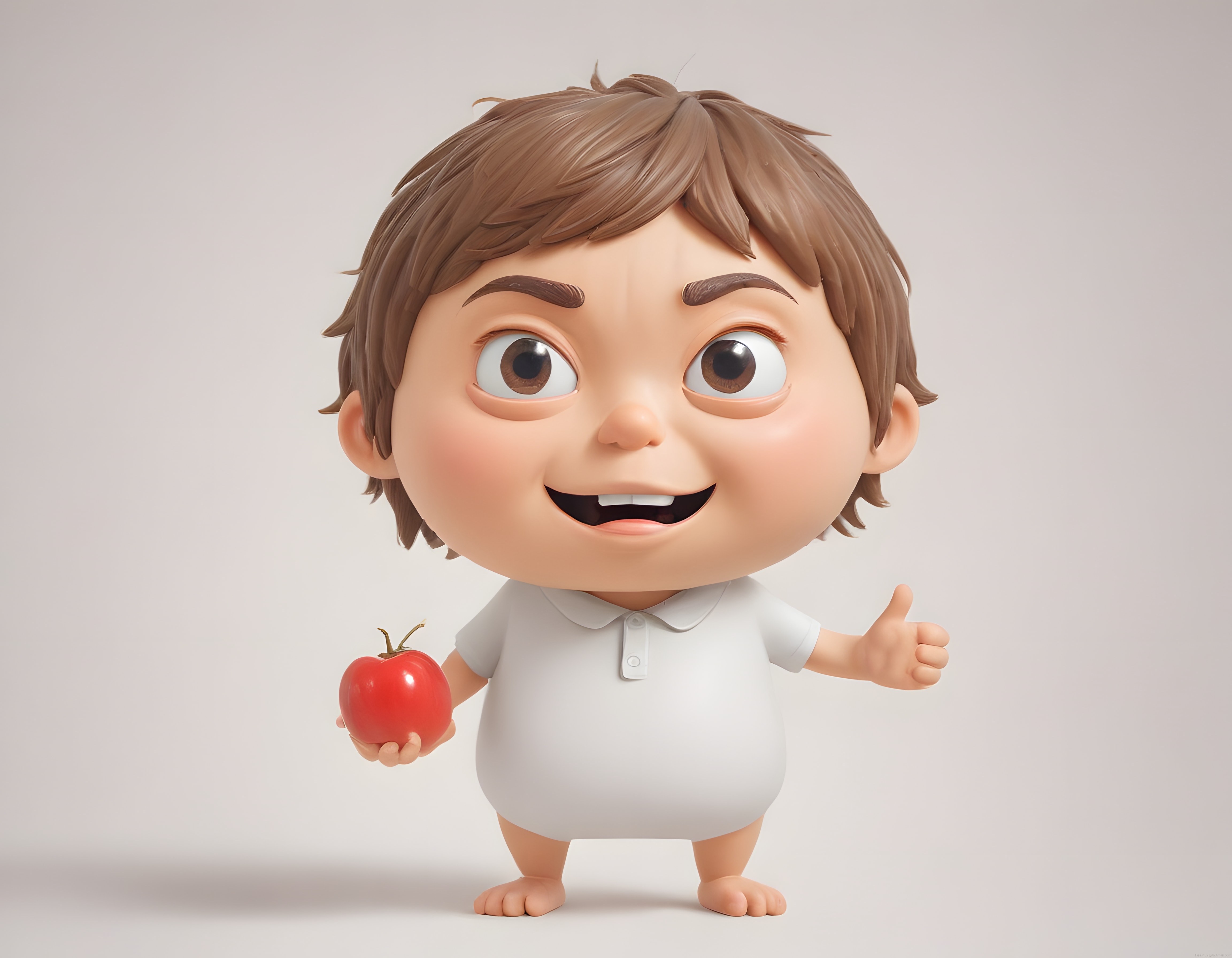 Sevimli 3D Animasyon Çocuğu Elma Tutarken Beğeni İşareti Yapıyor