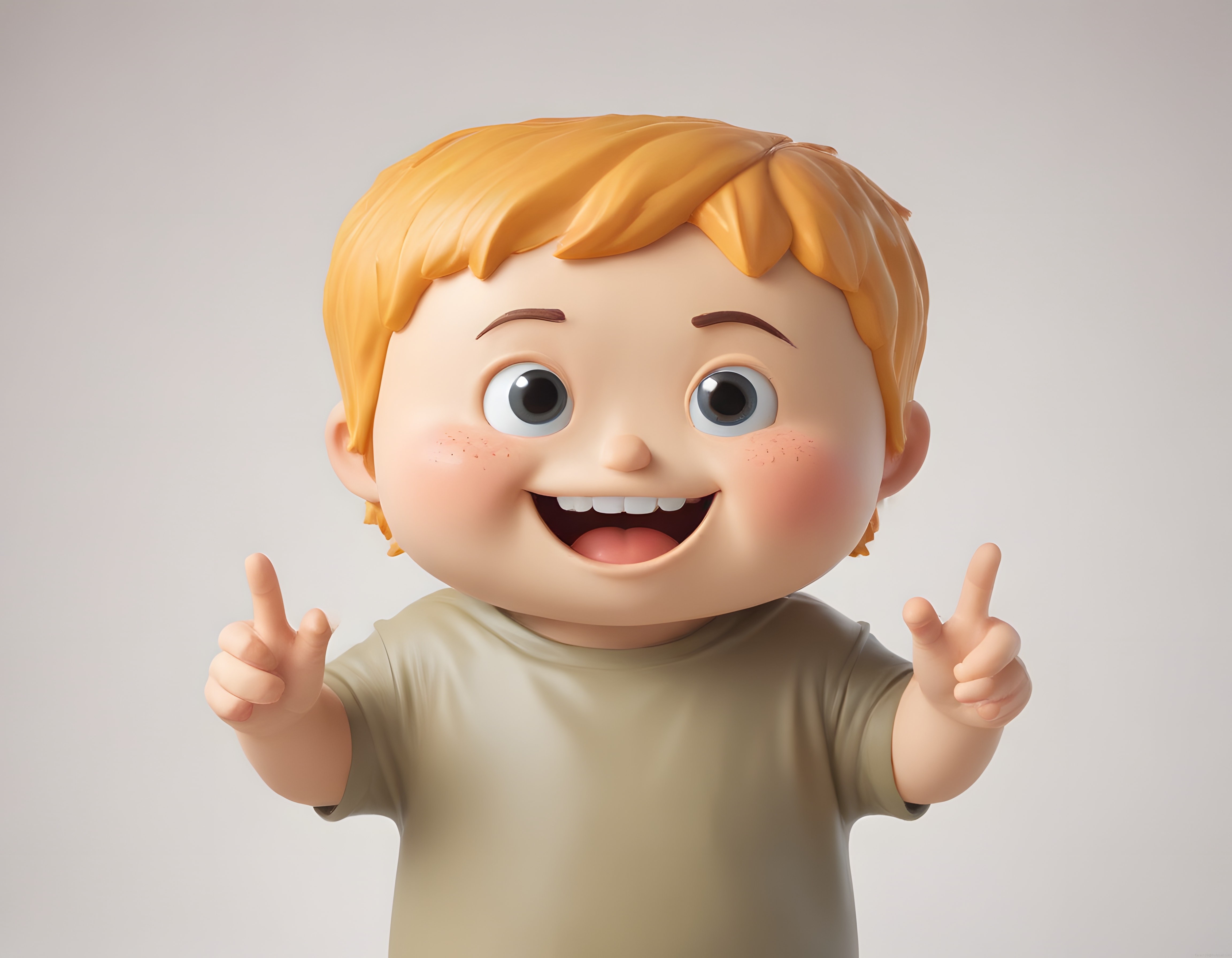 Sevimli 3D Animasyon Çocuğu Gülümseyerek İki Eliyle Zafer İşareti Yapıyor