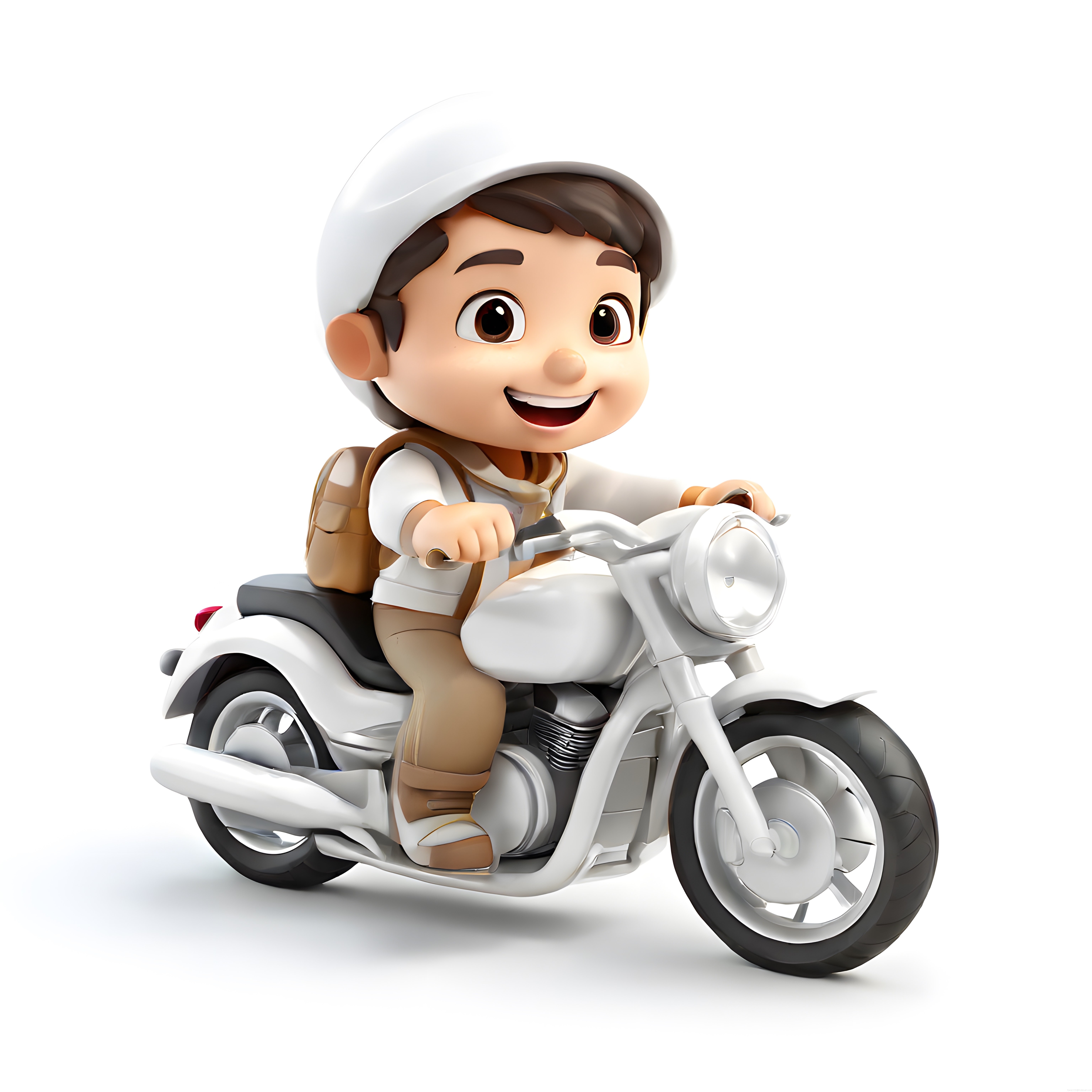 Sevimli 3D Animasyon Çocuk Beyaz Motosikleti Kaskla Birlikte Sürüyor