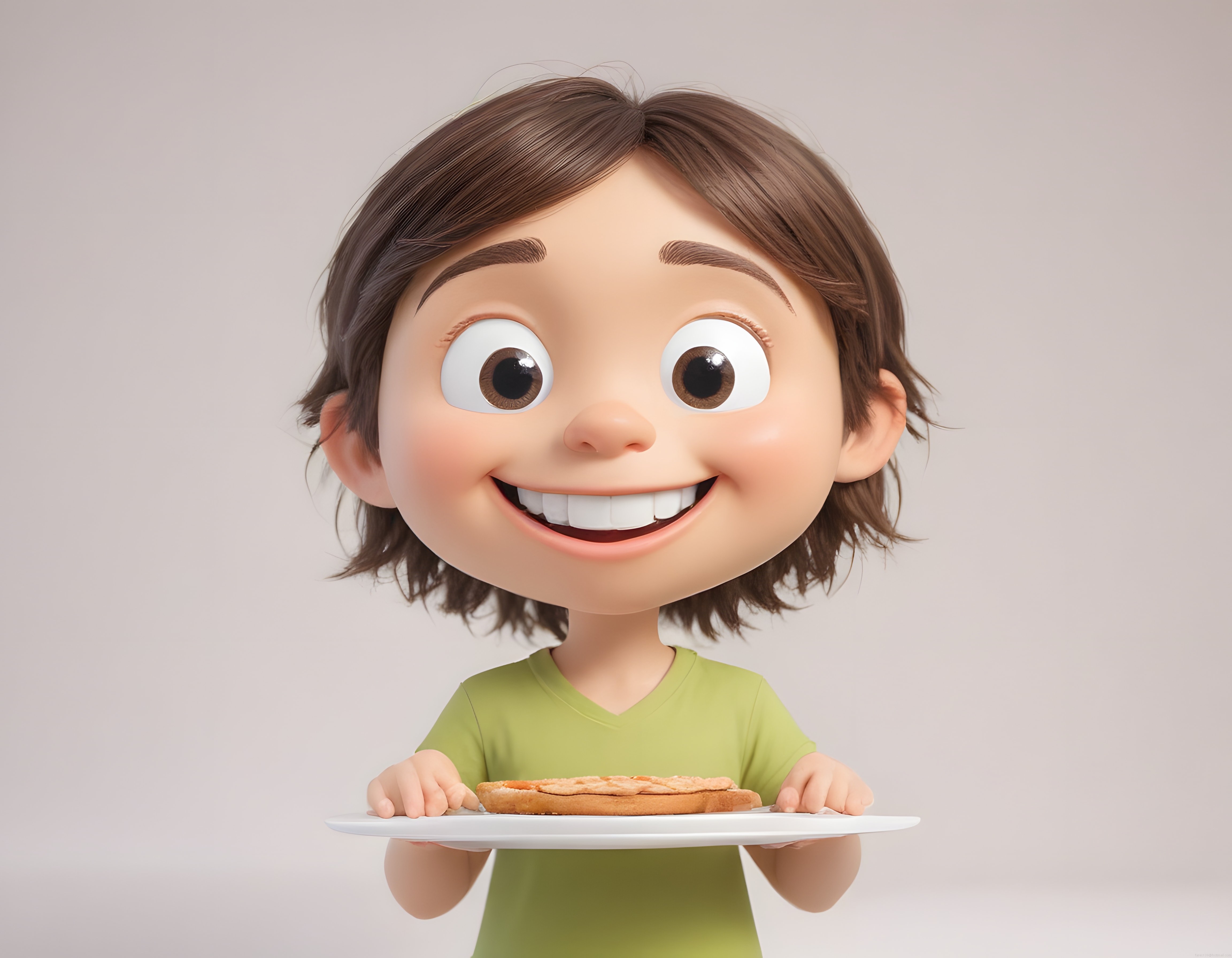 Sevimli 3D Animasyon Çocuk Kahvaltı Tabağını Tutarken Geniş Gülücü Atıyor Sevimli 3D Animasyon Çocuk Kahvaltı Tabağını Tutarken Geniş Gülücü Atıyor