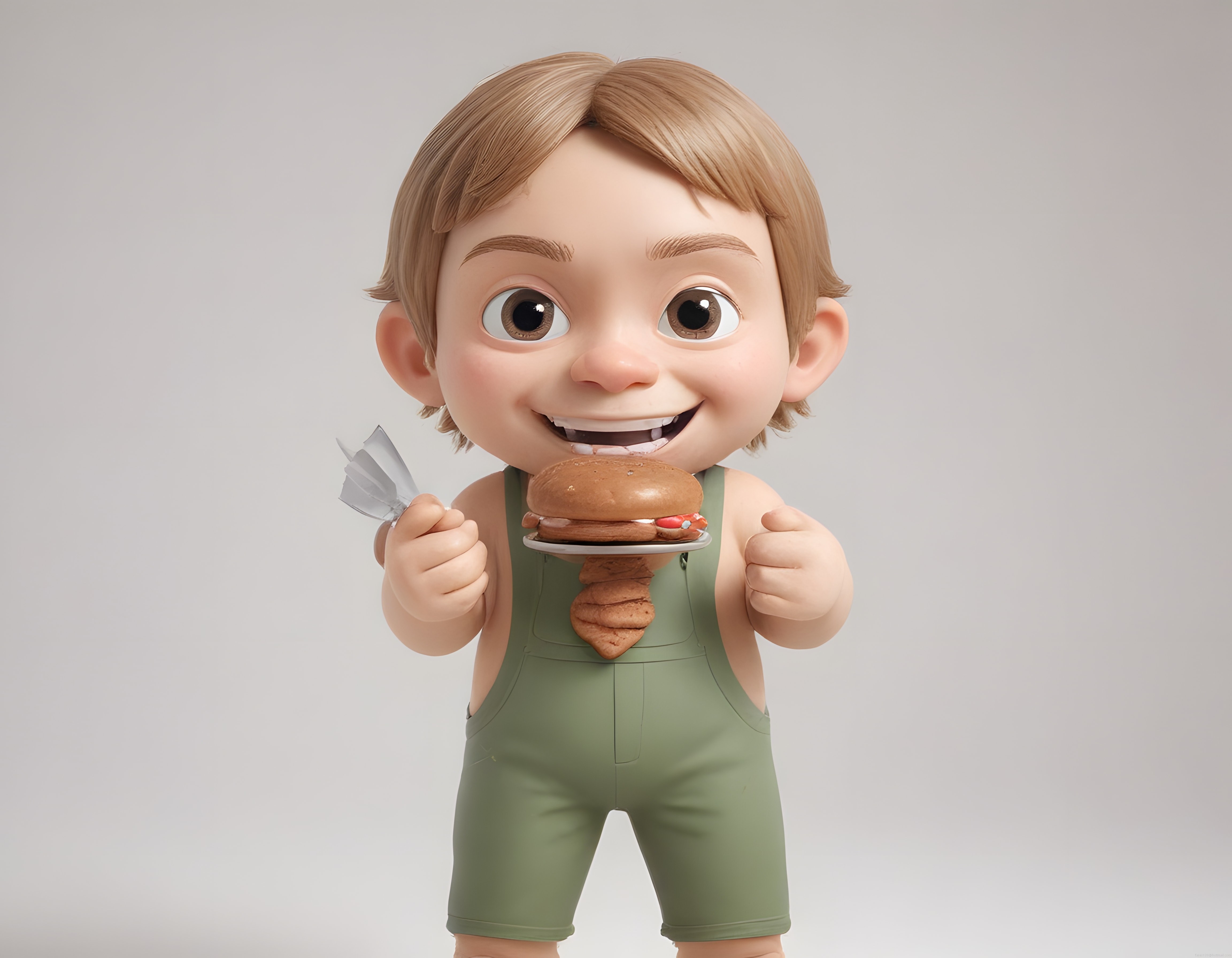 Sevimli 3D animasyon çocuk karakteri büyük gözleriyle hamburger tutarken gülümsüyor
