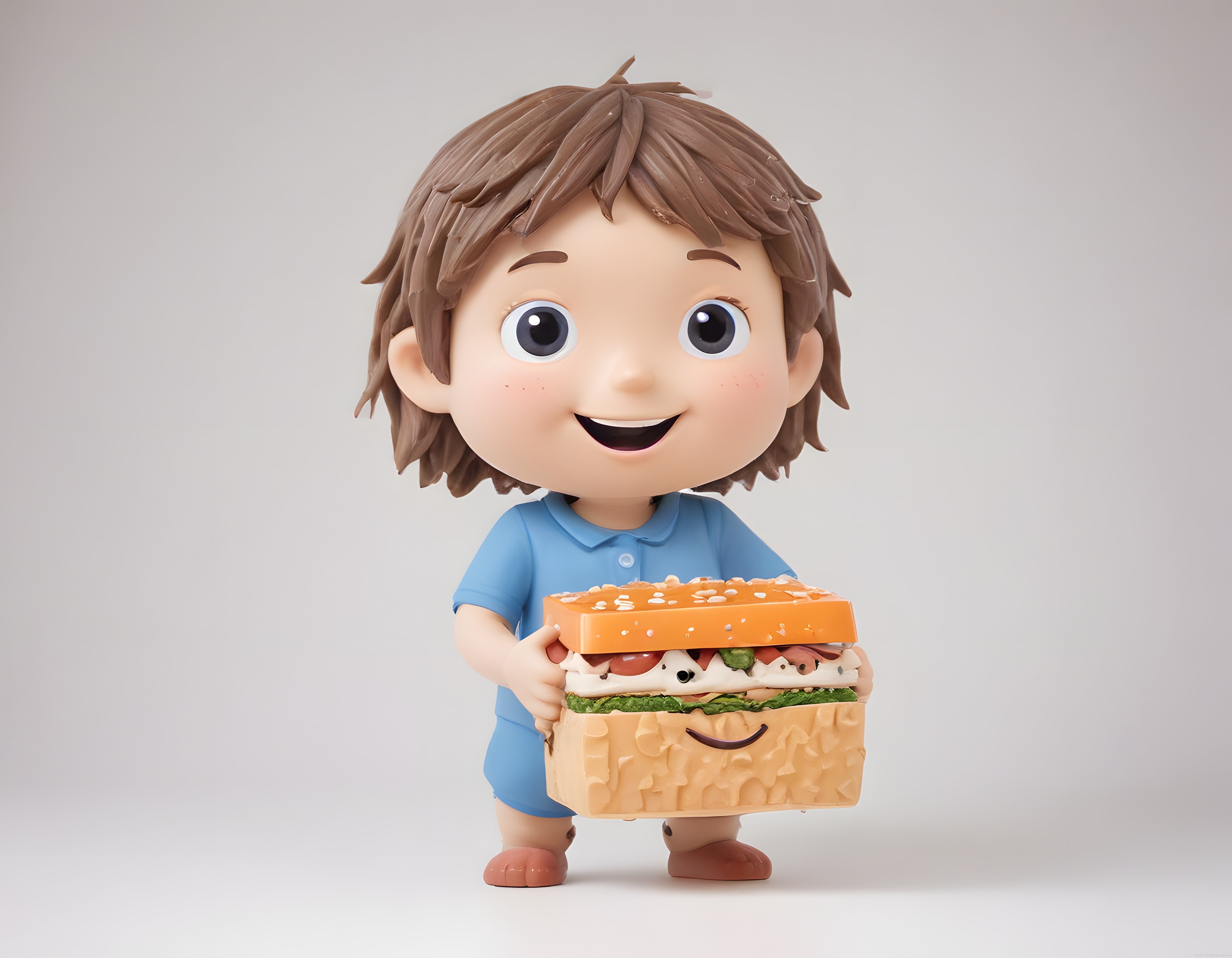 Sevimli 3D Animasyon Çocuk Karakteri Dev Hamburgeri İki Elinde Tutarken