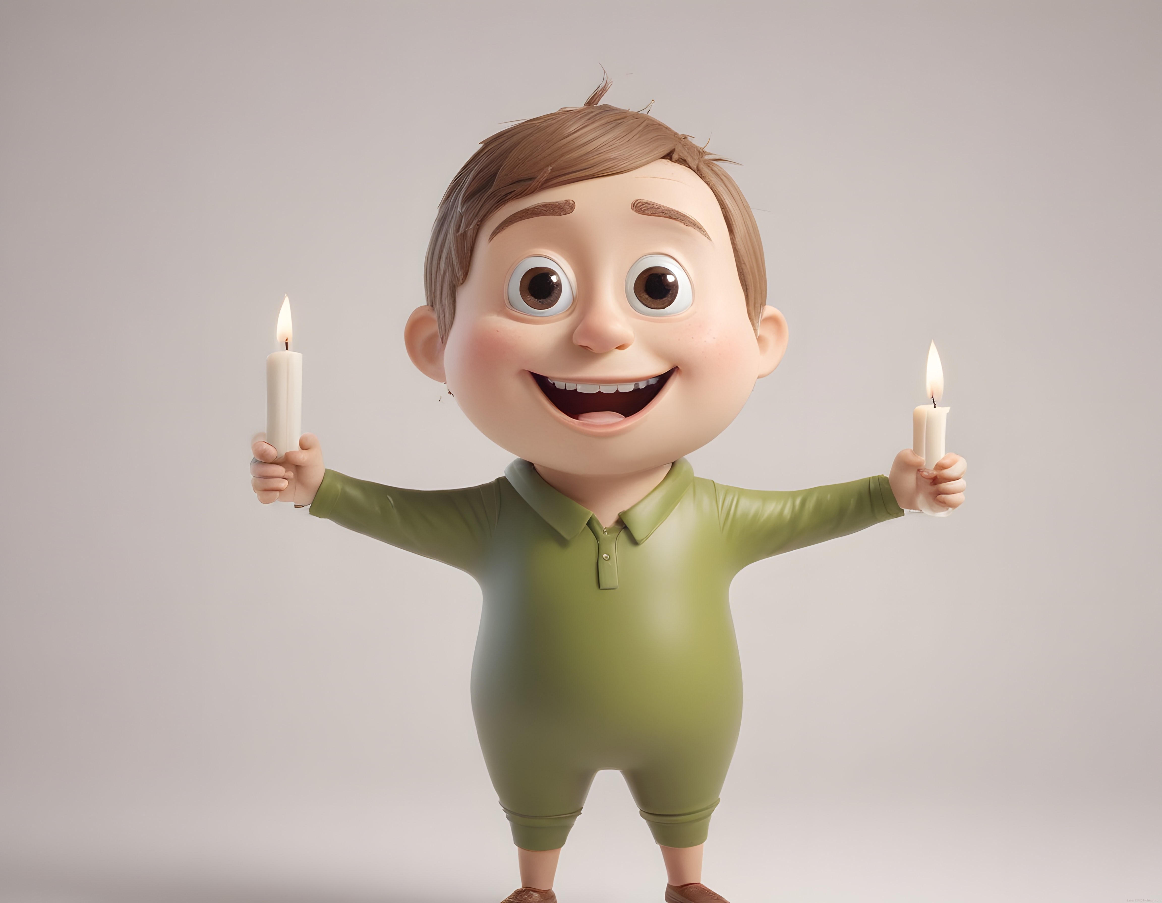 Sevimli 3D Animasyon Çocuk Karakteri İki Elinde Yanan Mumlarla Gülümsüyor