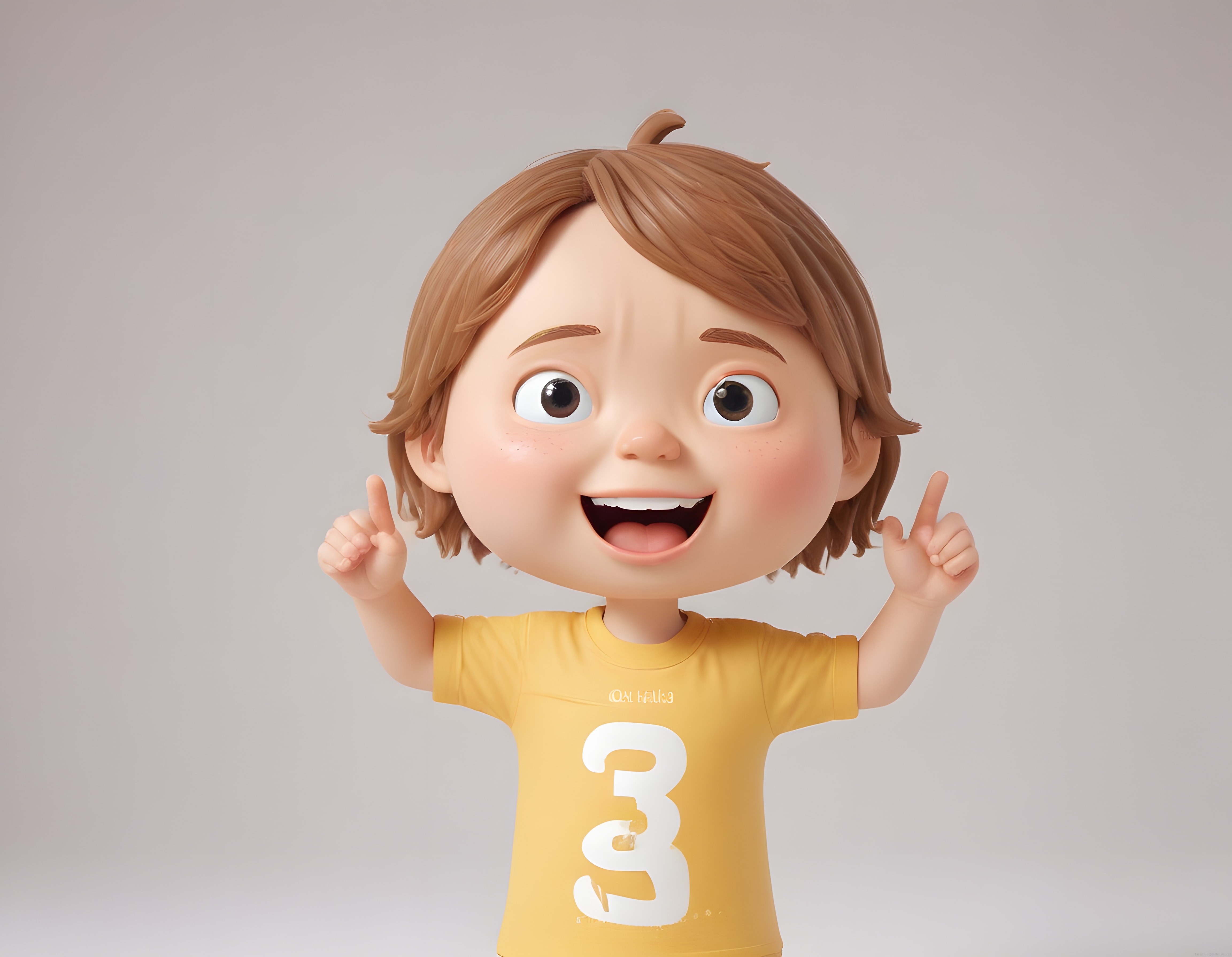 Sevimli 3D Animasyon Çocuk Karakteri Mutlu İfade ve Sarı Tişört Detayı