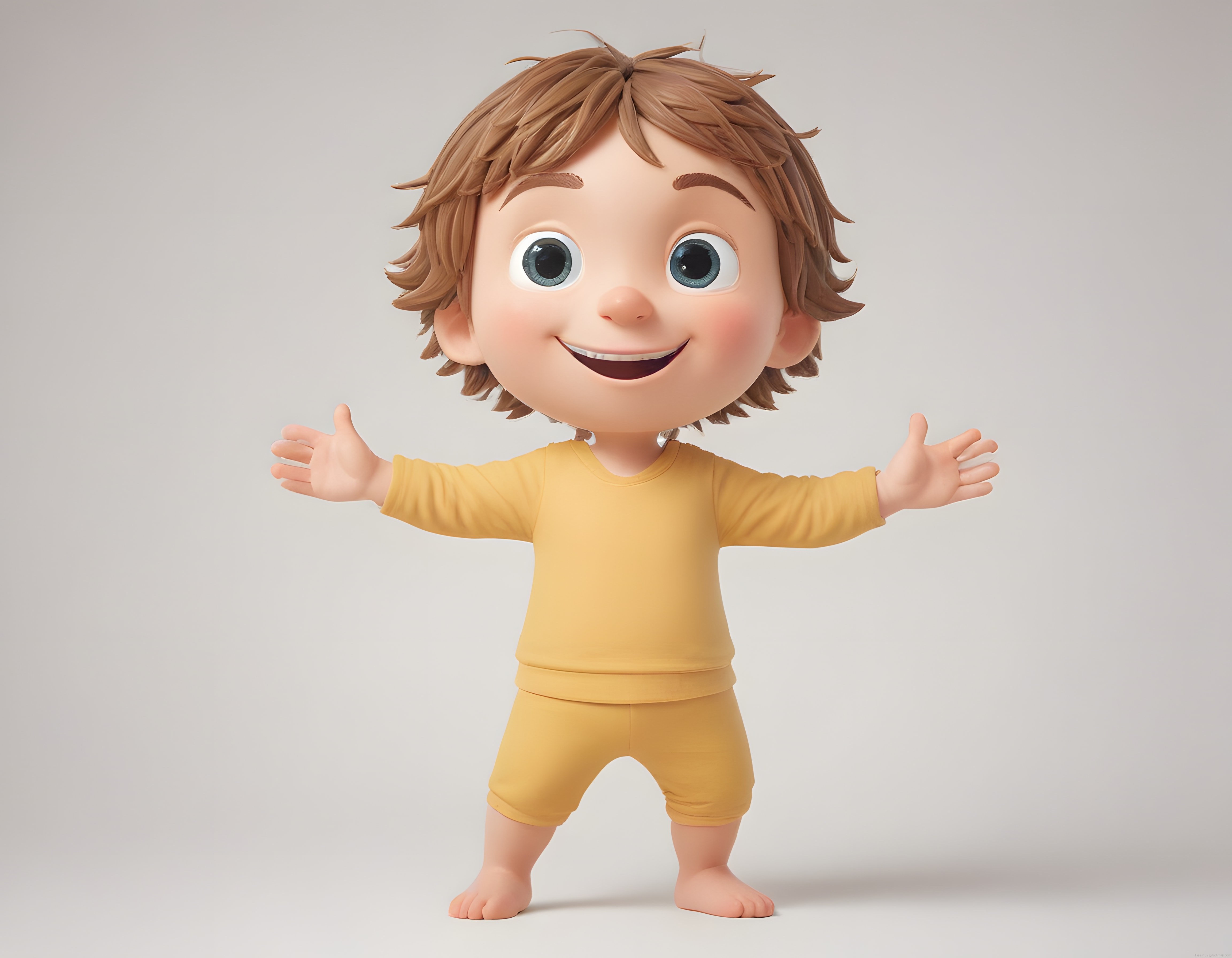 Sevimli 3D Animasyon Çocuk Karakteri Sarı Pijamalı Mutlu Gülümseyen
