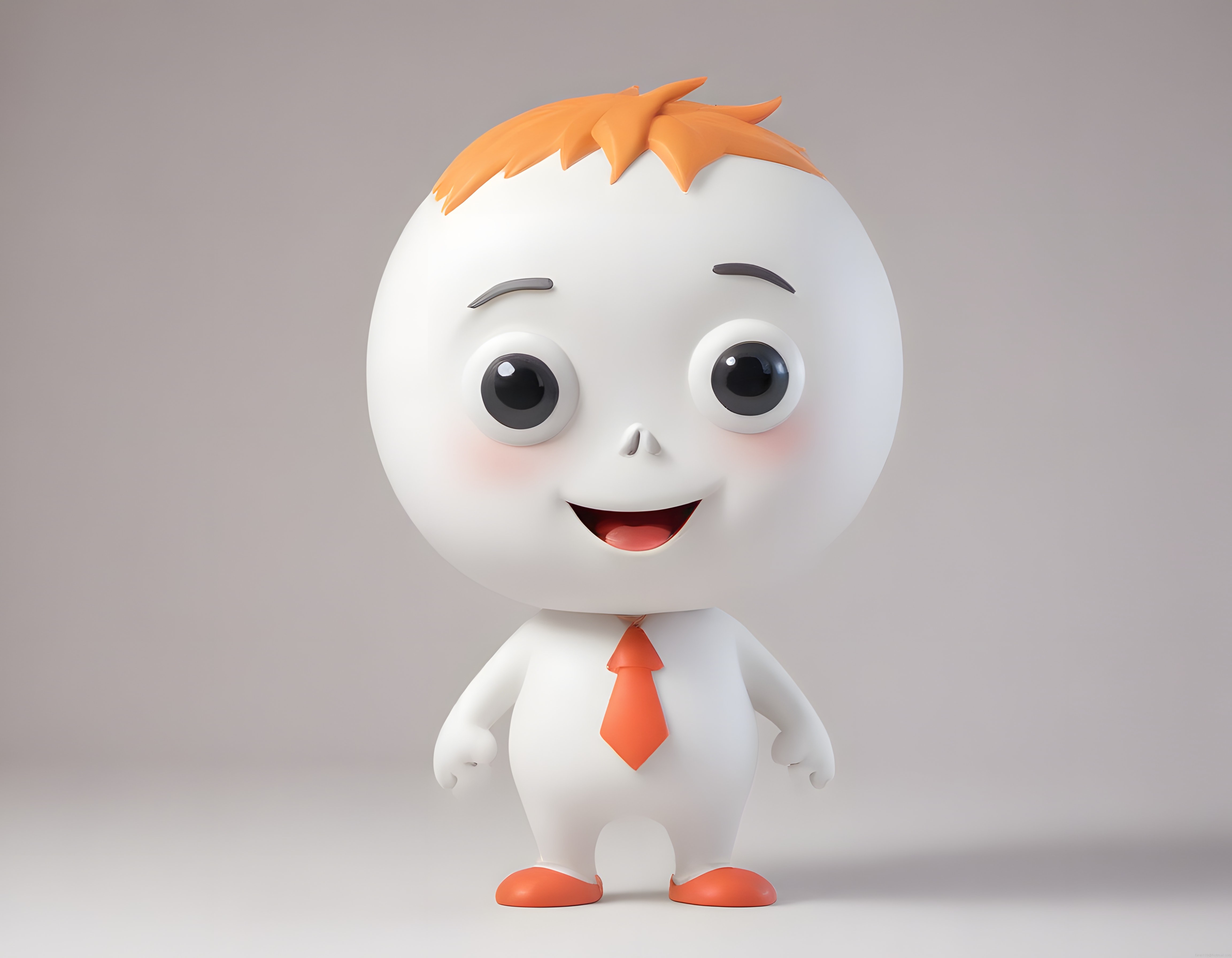 Sevimli 3D animasyon çocuk karakteri turuncu saçları ve kravatıyla poz veriyor