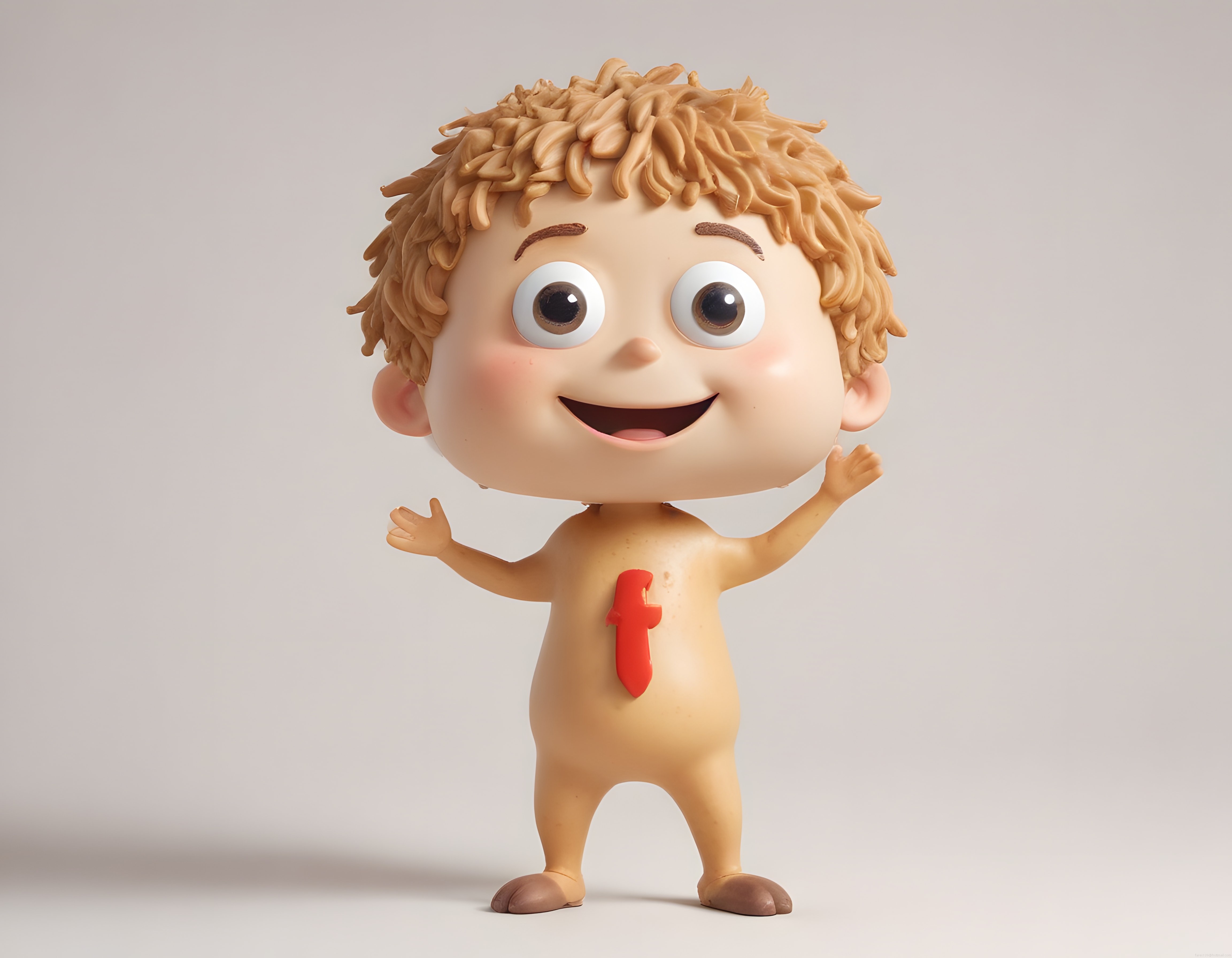 Sevimli 3D animasyon çocuk karakteri ve karnındaki kırmızı harf logosu