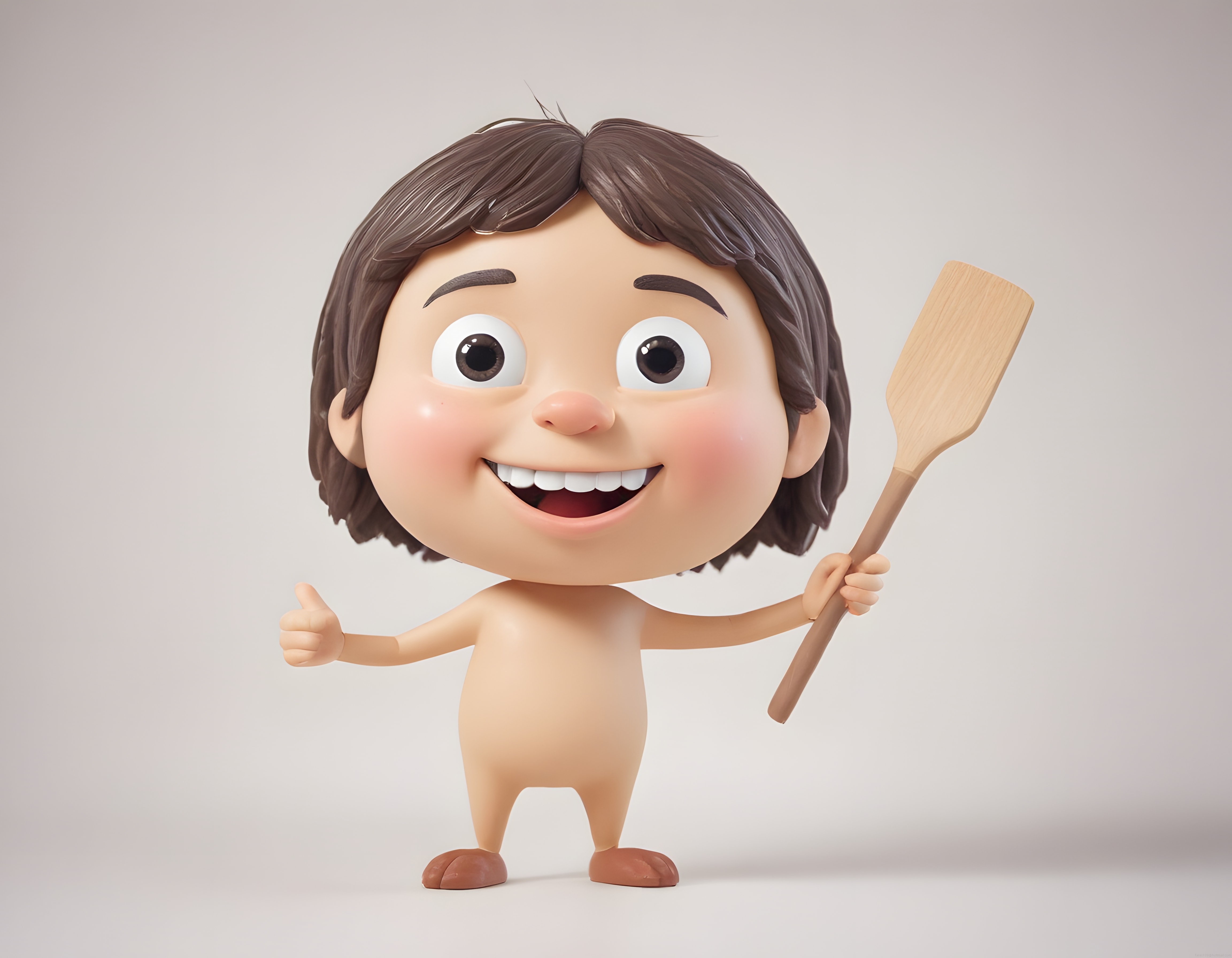 Sevimli 3D Animasyon Karakteri Ahşap Mutfak Spatulası Tutarken Gülümsüyor