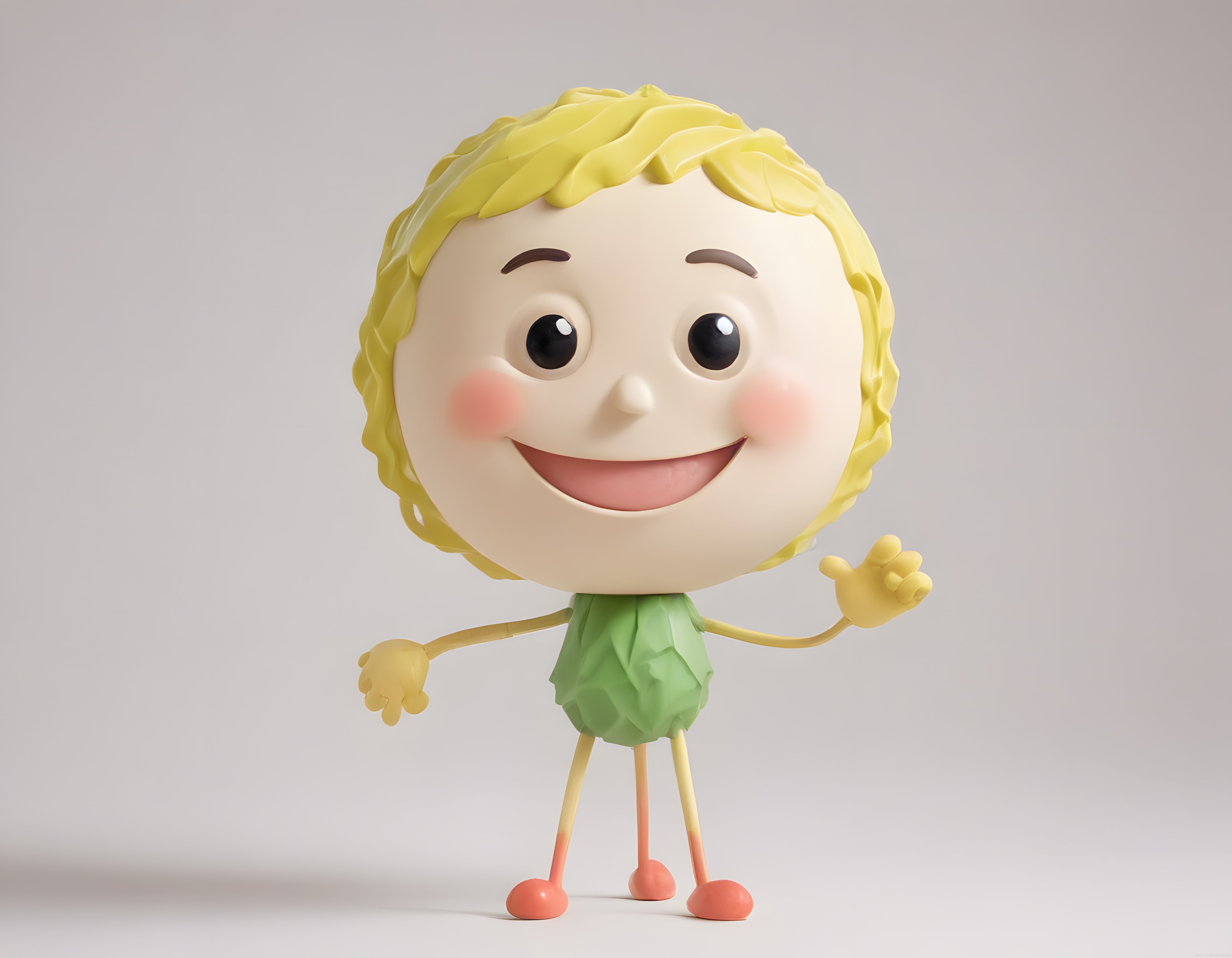 Sevimli 3D Animasyon Karakteri: Sarı Saçlı Neşeli Büyük Kafalı Maskot