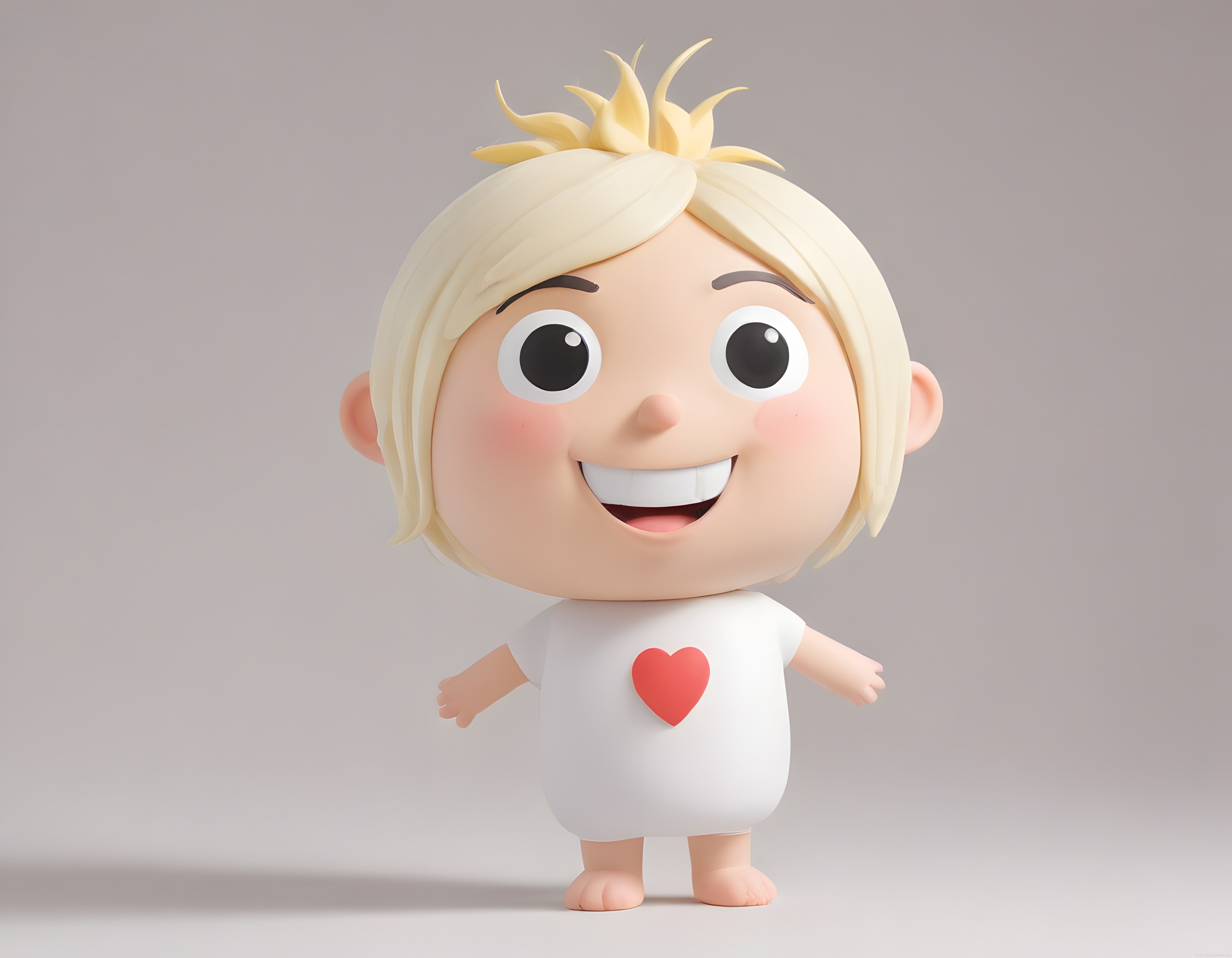 Sevimli 3D animasyon karakteri sarışın saçlı ve kırmızı kalpli beyaz tişörtüyle Sevimli 3D animasyon karakteri sarışın saçlı ve kırmızı kalpli beyaz tişörtüyle