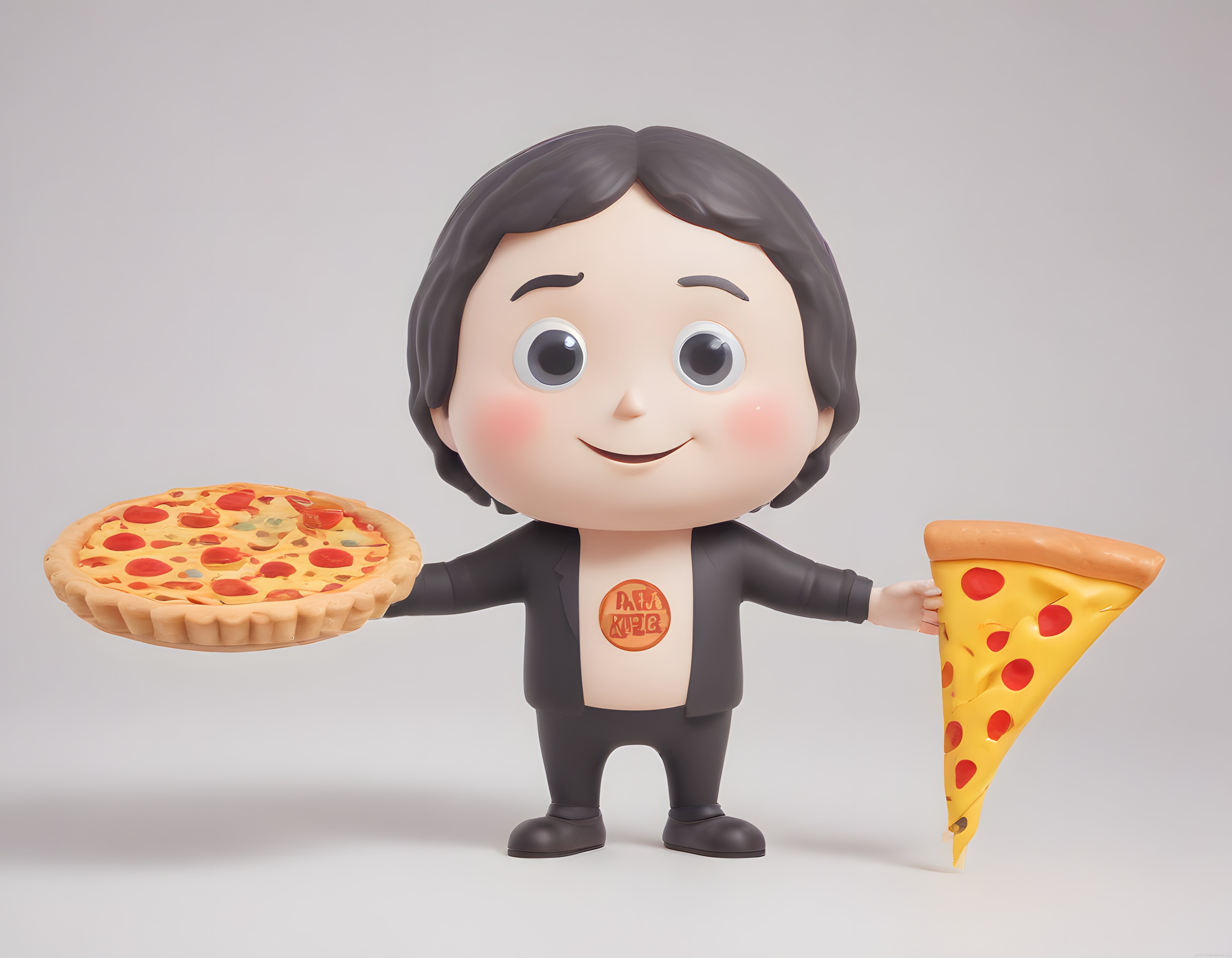 Sevimli 3D Animasyon Karakteri Takım Elbiseyle Elinde Pizza ve Dilim Tutuyor