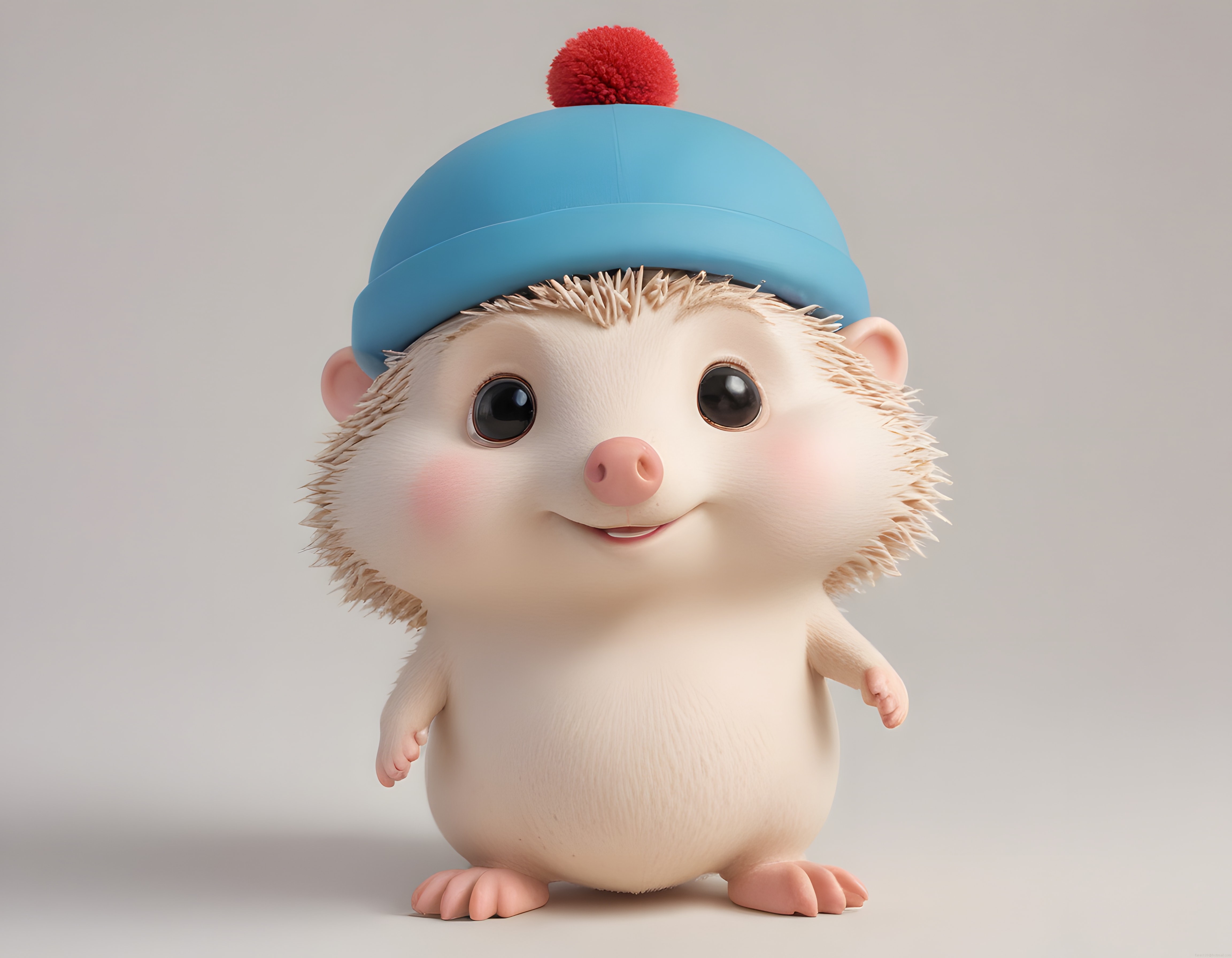 Sevimli 3D Animasyon Kirpi Karakteri Mavi Ponponlu Beresiyle Poz Veriyor