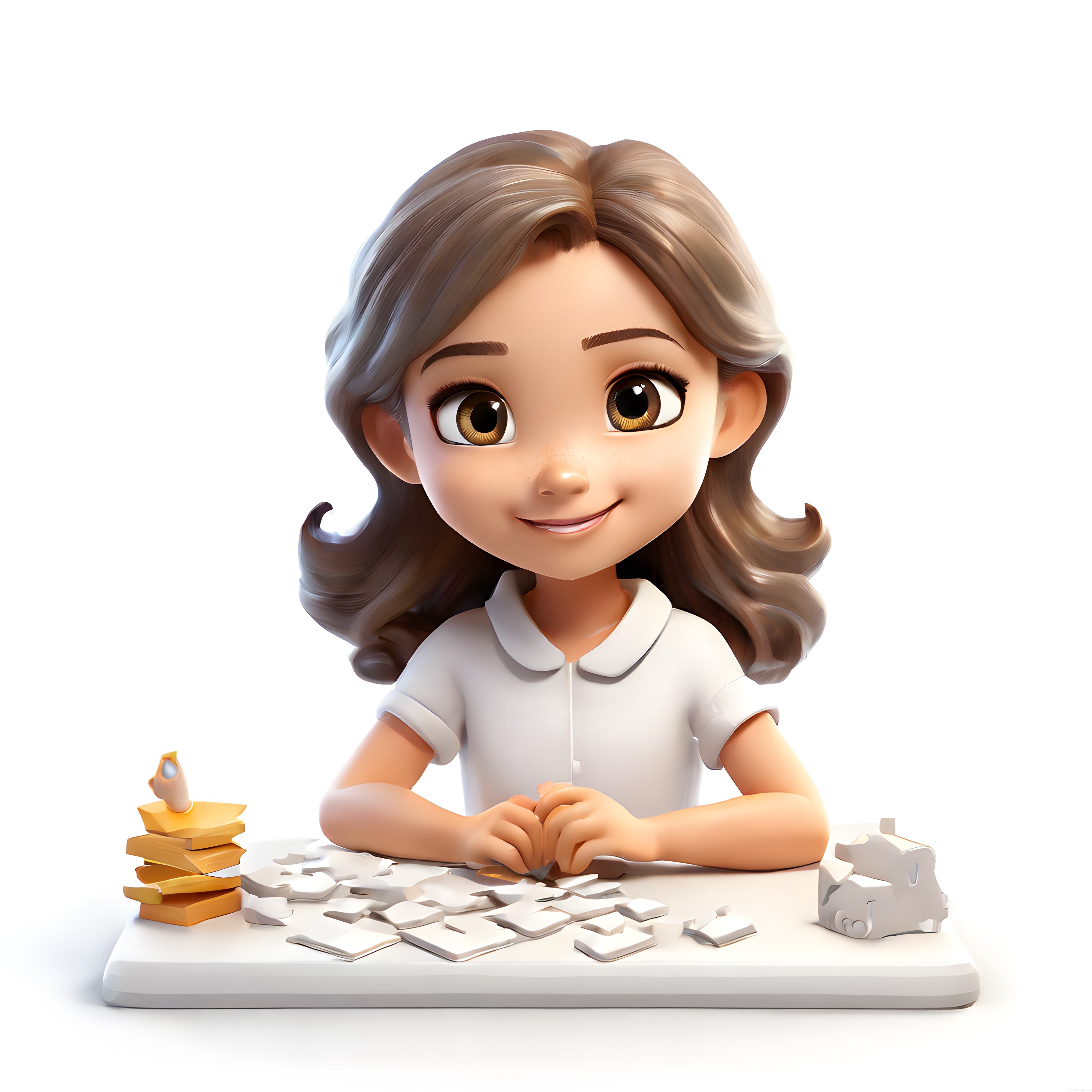Sevimli 3D animasyon kız çocuk karakteri masada puzzle yapıyor