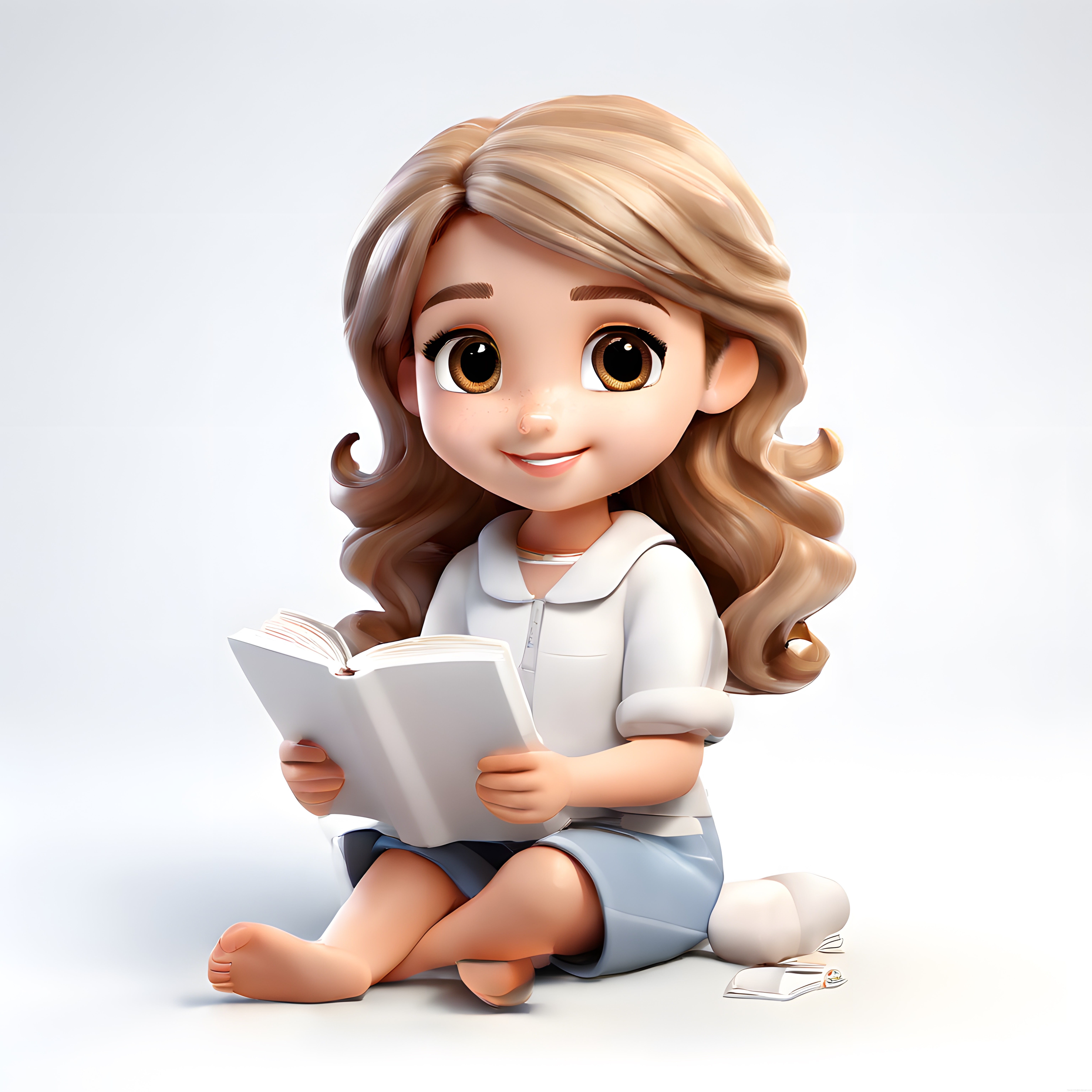 Sevimli 3D Animasyon Kız Karakteri Kitap Okurken, Masum ve Neşeli Çizim