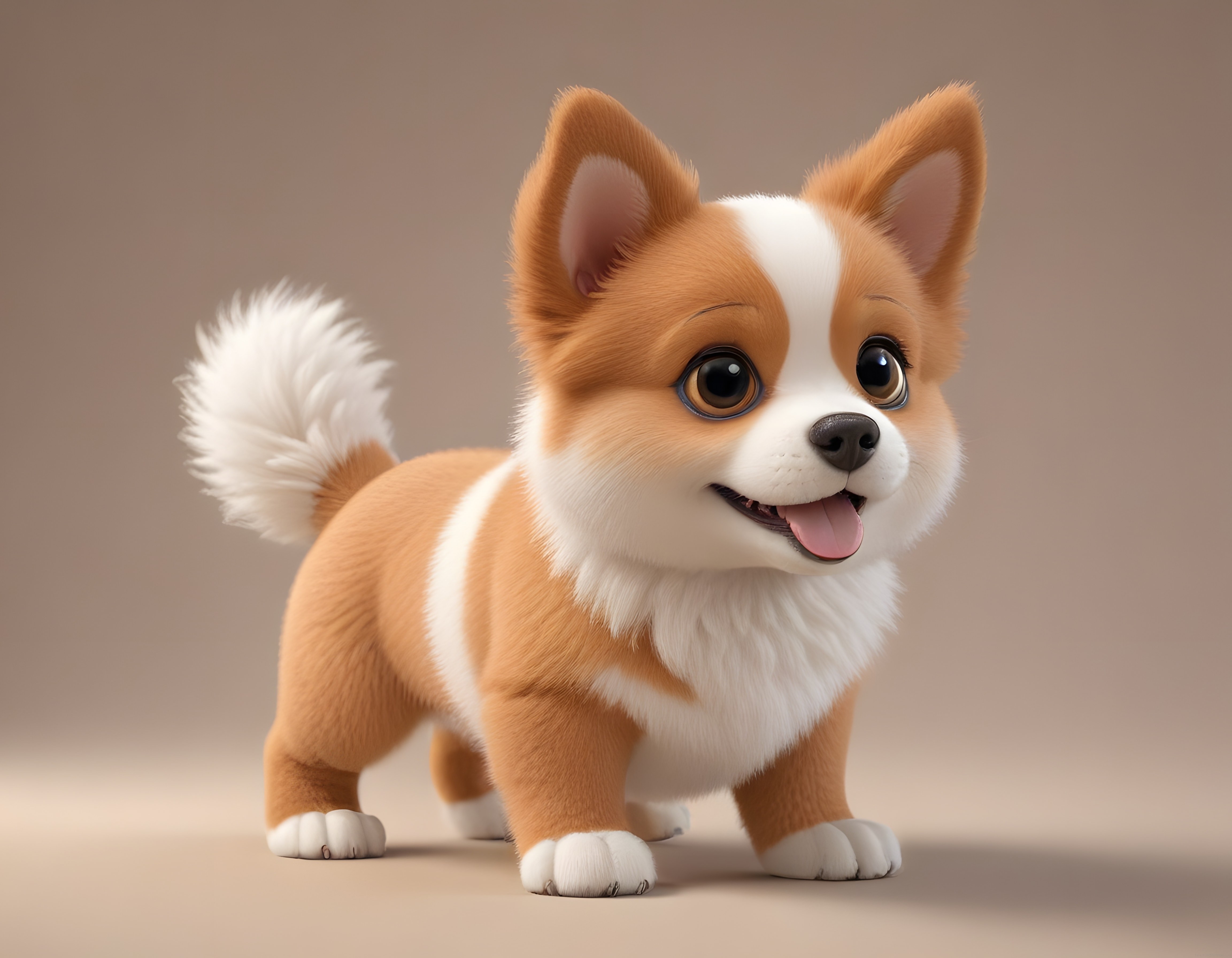 Sevimli 3D Animasyon Köpek Karakteri: Tüylü Corgi ve Masum Büyük Gözlü Bakış