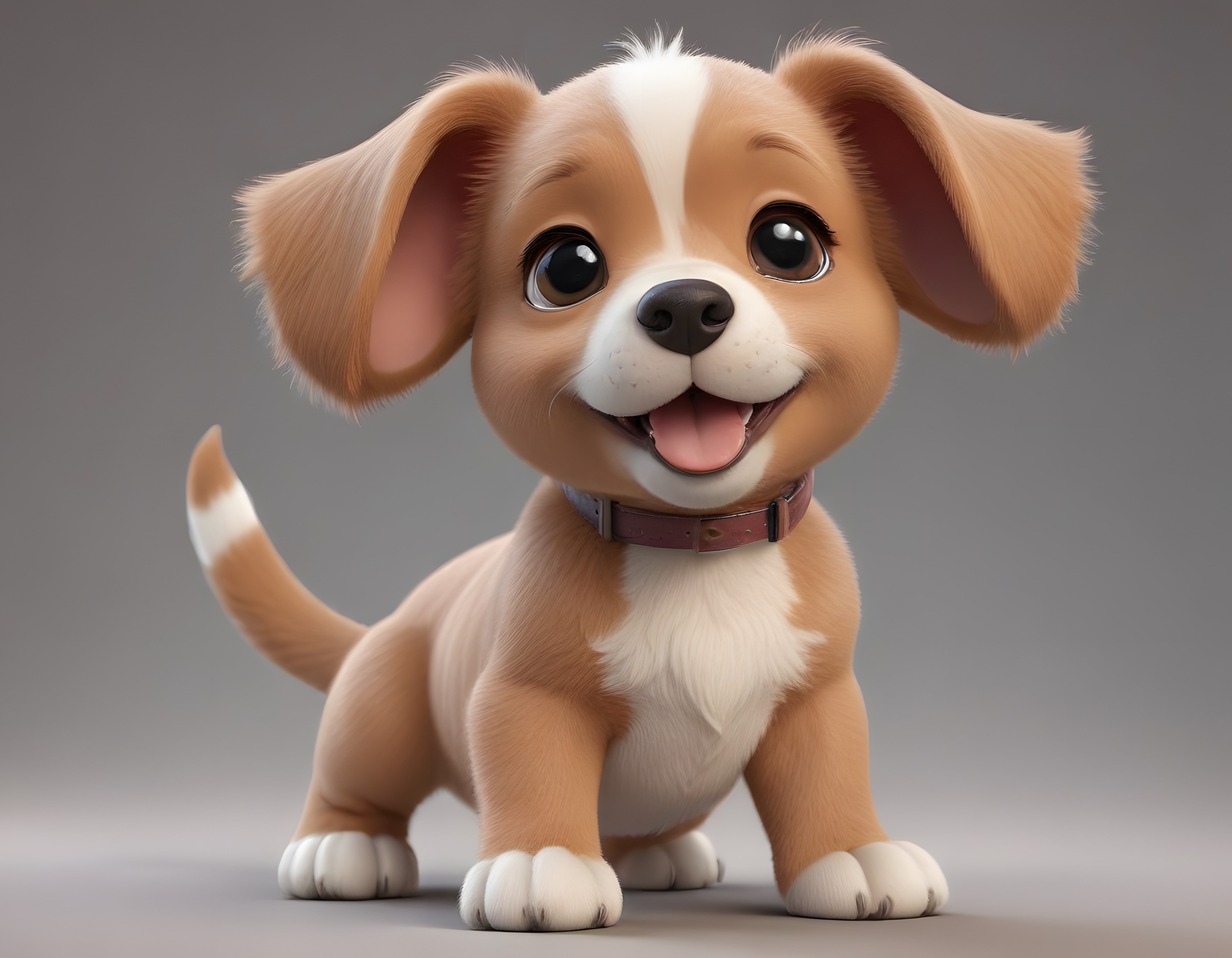 Sevimli 3D animasyon köpek yavrusu, büyük gözlü mutlu çizgi film karakteri