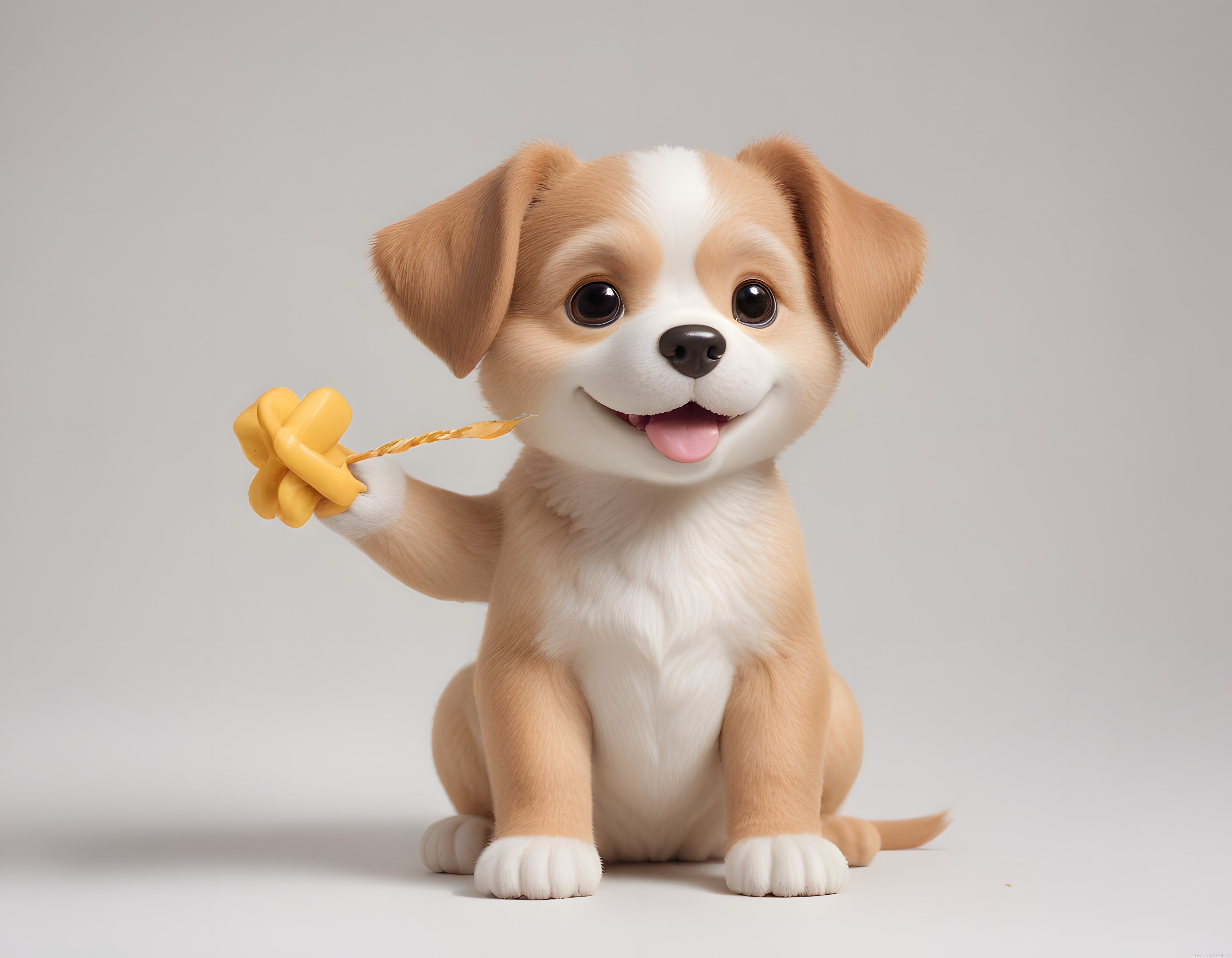 Sevimli 3D Animasyon Köpek Yavrusu Eliyle Sarı Çiçek Tutarken Gülümsüyor