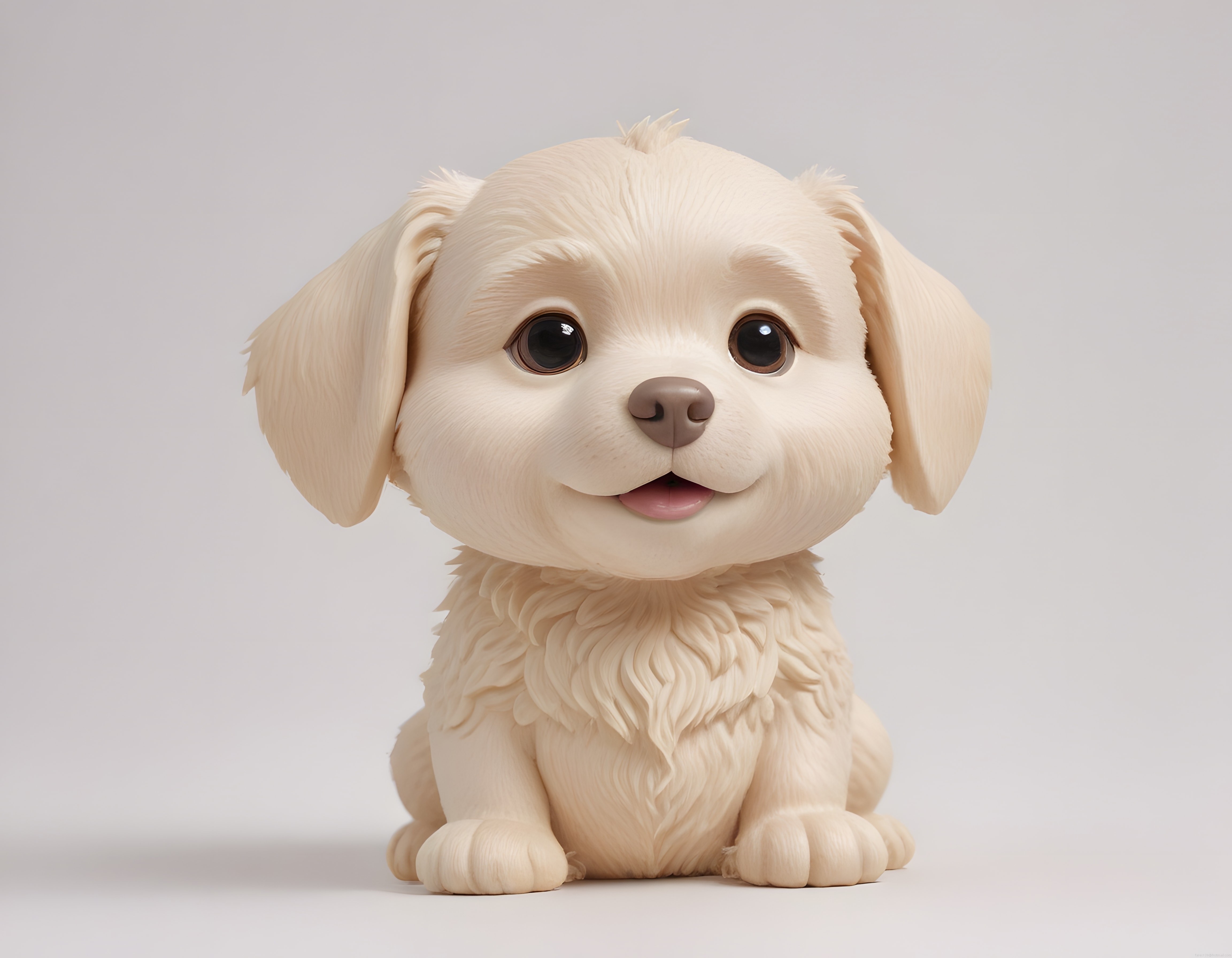 Sevimli 3D animasyon köpek yavrusu, pelüş oyuncak görünümlü beyaz tüylü karakter