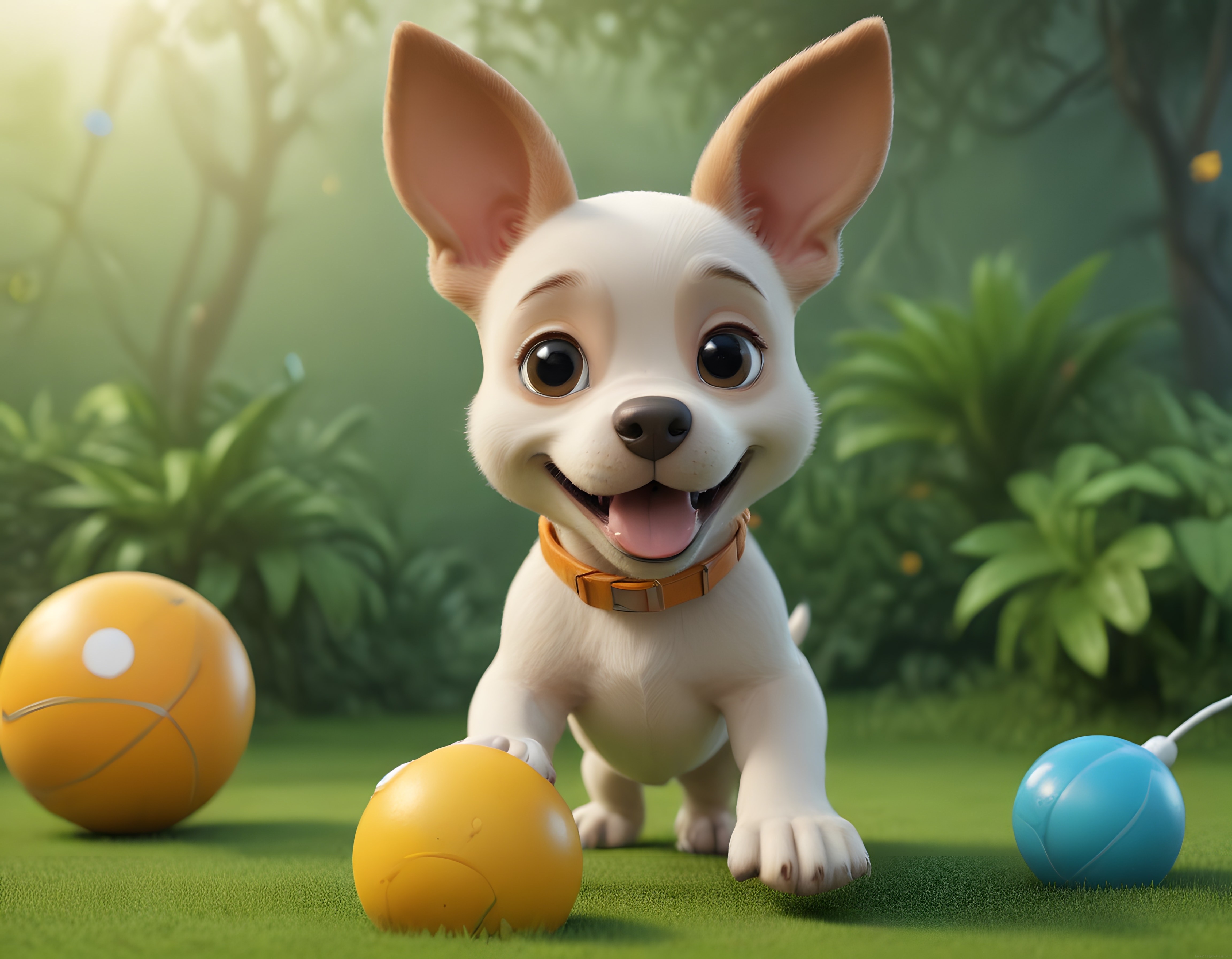 Sevimli 3D Animasyon Köpek Yavrusu Yeşil Bahçede Renkli Toplarla Oynuyor