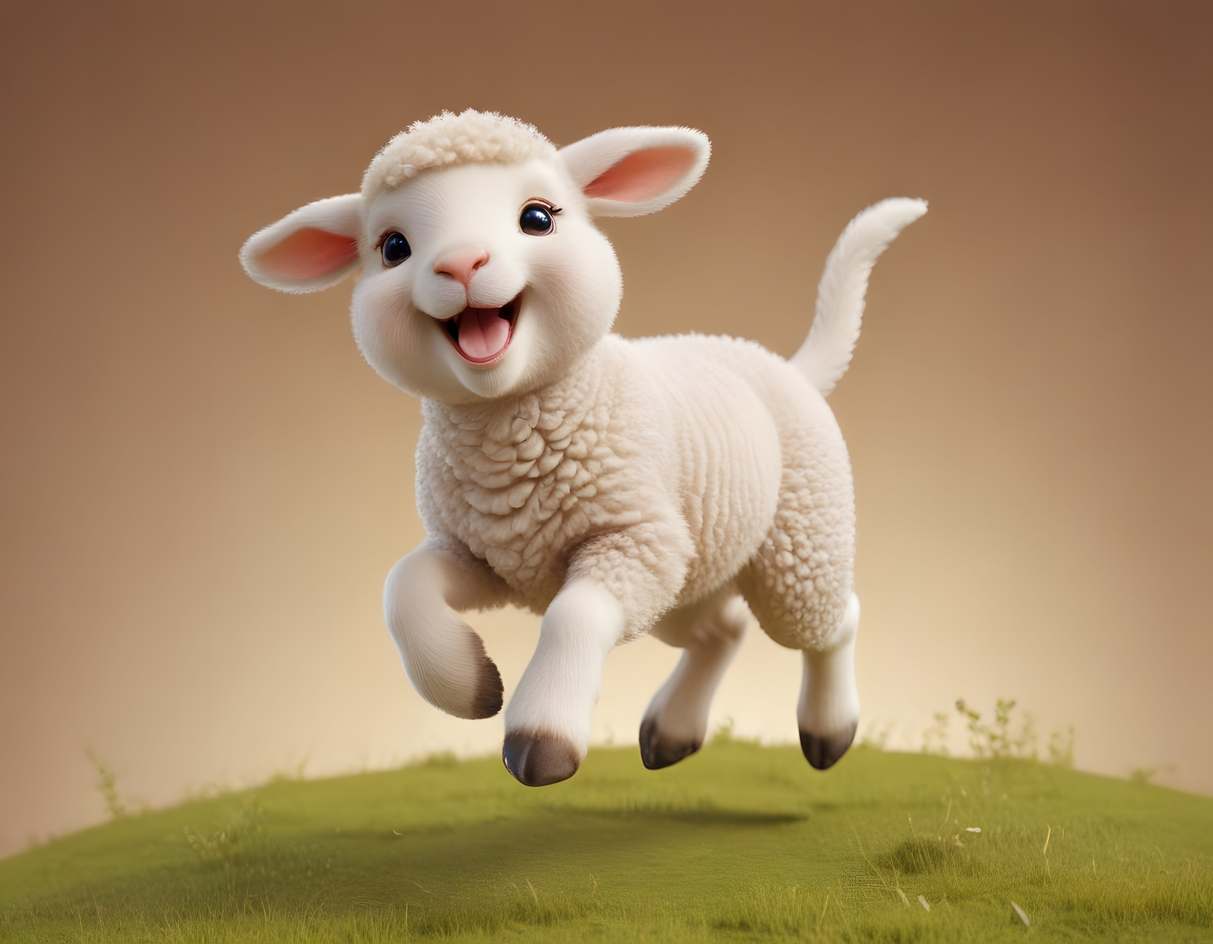 Sevimli 3D Animasyon Kuzu Karakteri Yeşil Çimlerde Neşeyle Zıplarken