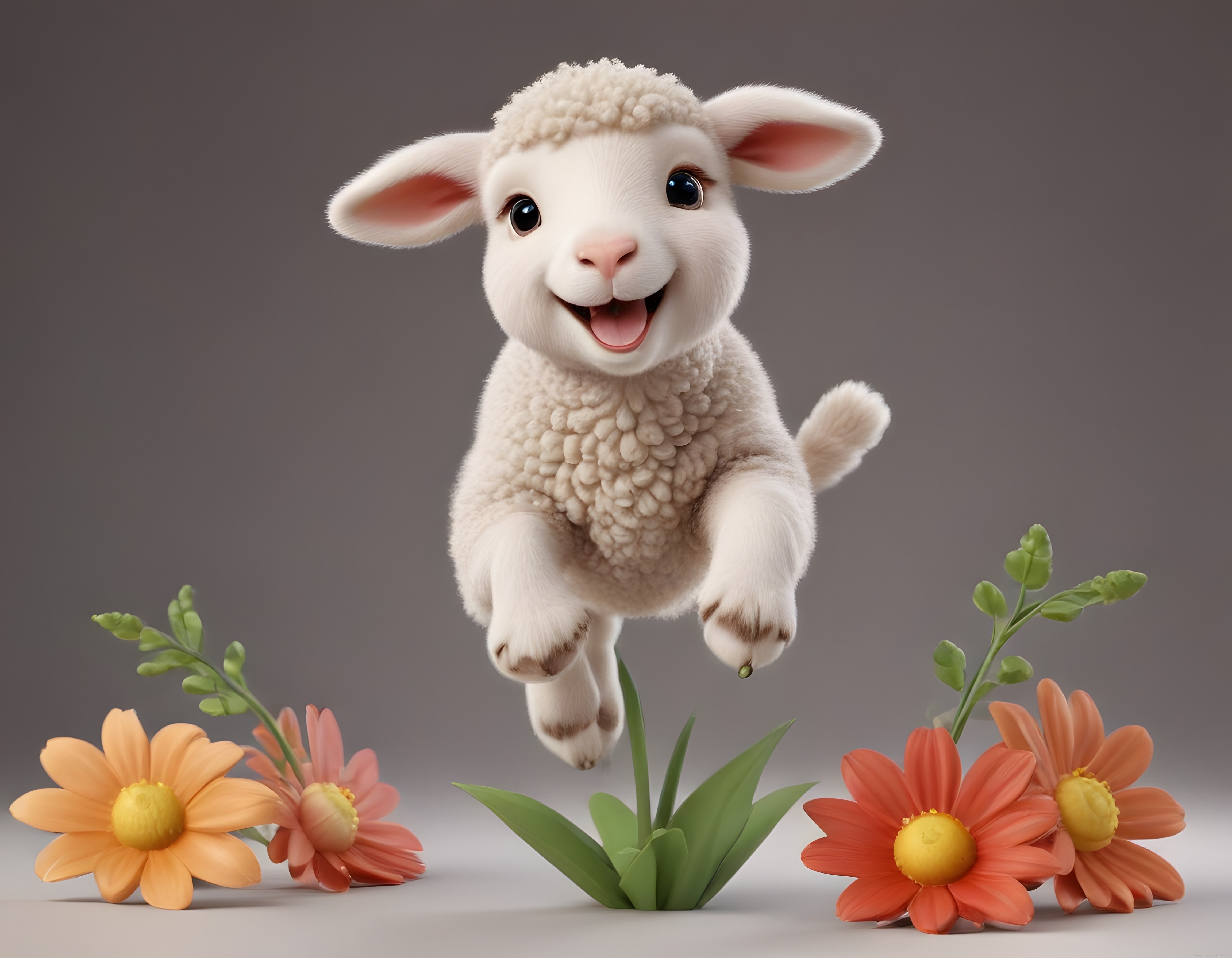 Sevimli 3D animasyon kuzu yavrusu çiçekler arasında neşeyle zıplarken