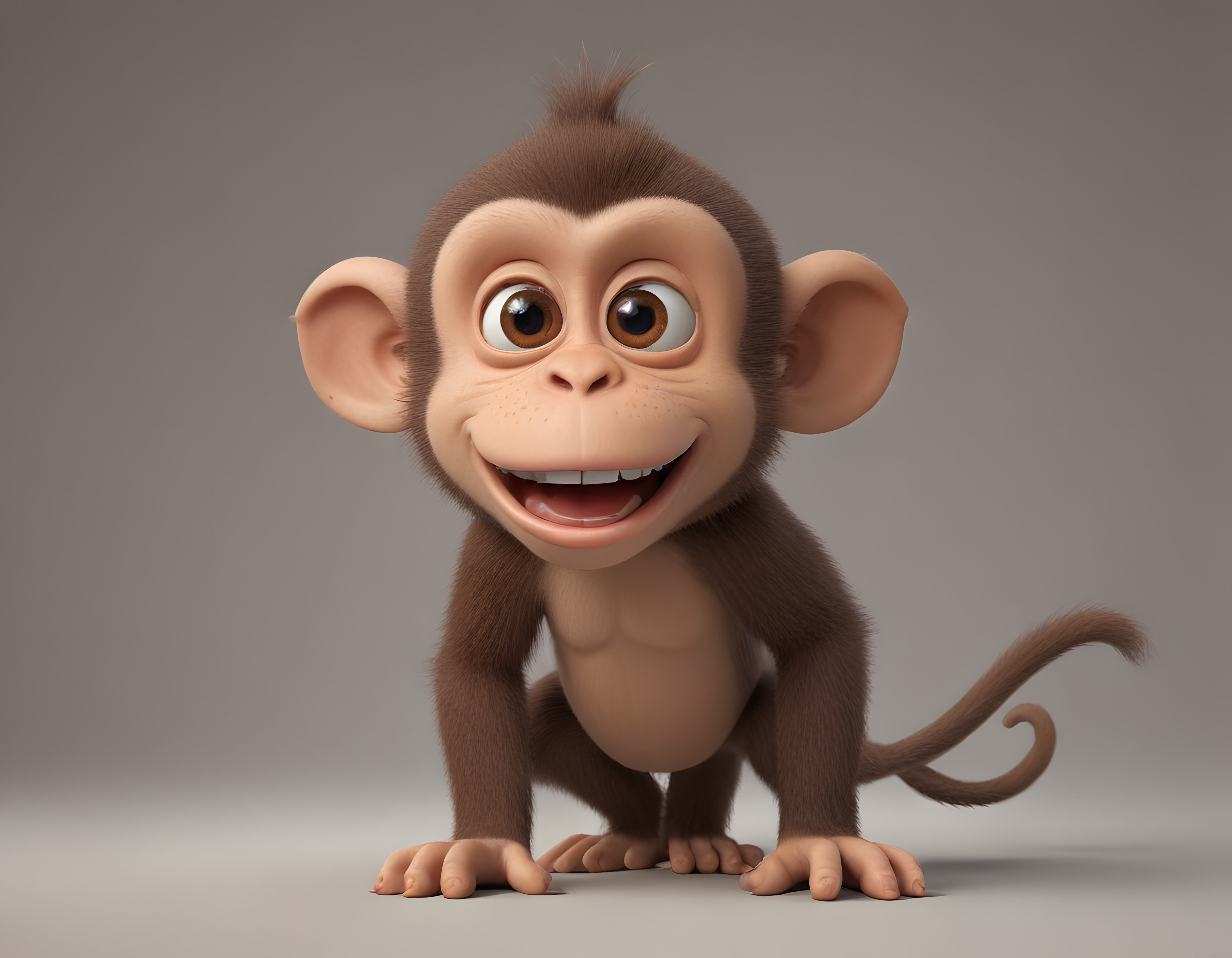 Sevimli 3D Animasyon Maymun Karakteri: Büyük Kulakları ve Neşeli Gülümsemesiyle