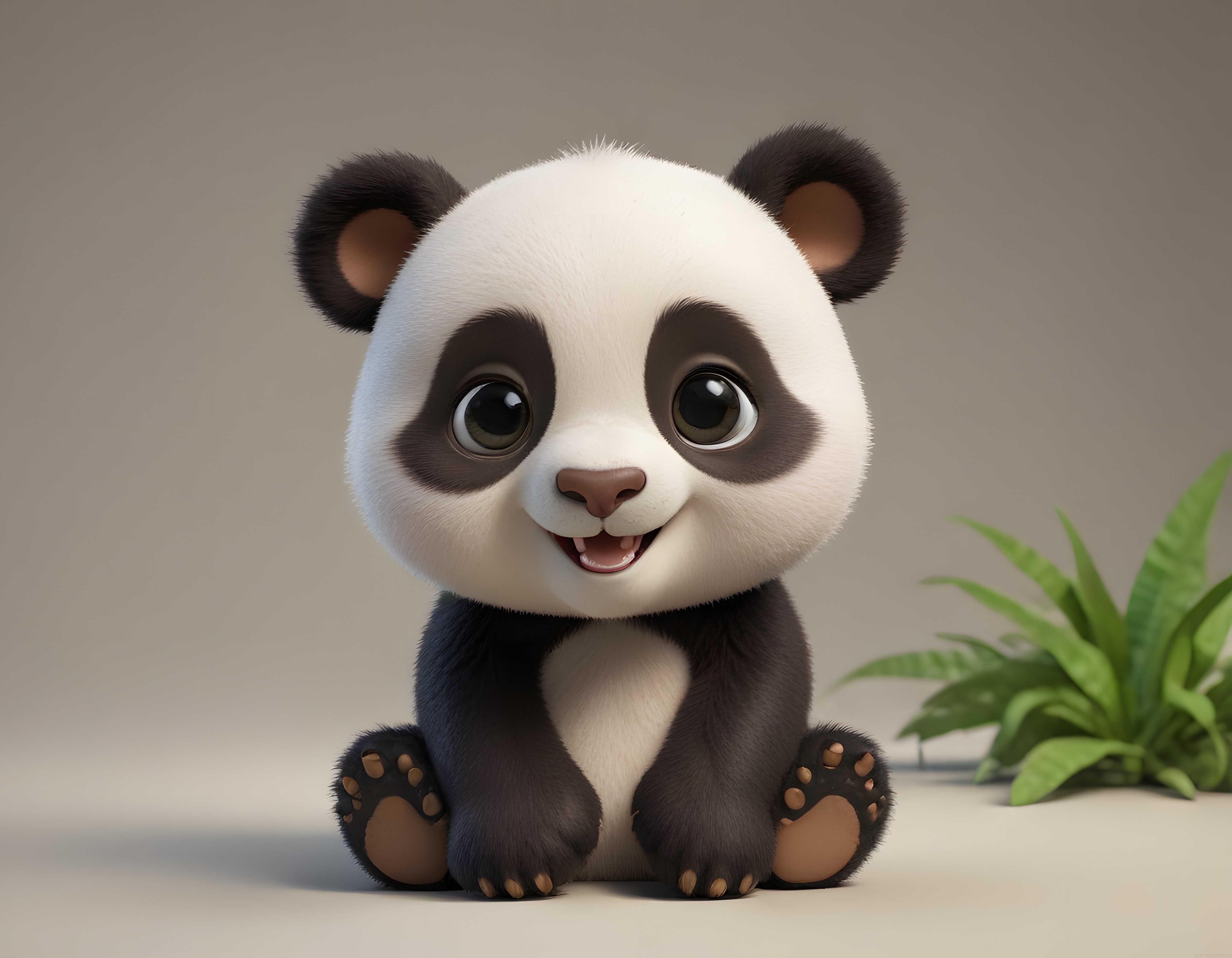 Sevimli 3D animasyon panda büyük gözleri ve yumuşak tüyleriyle gülümsüyor