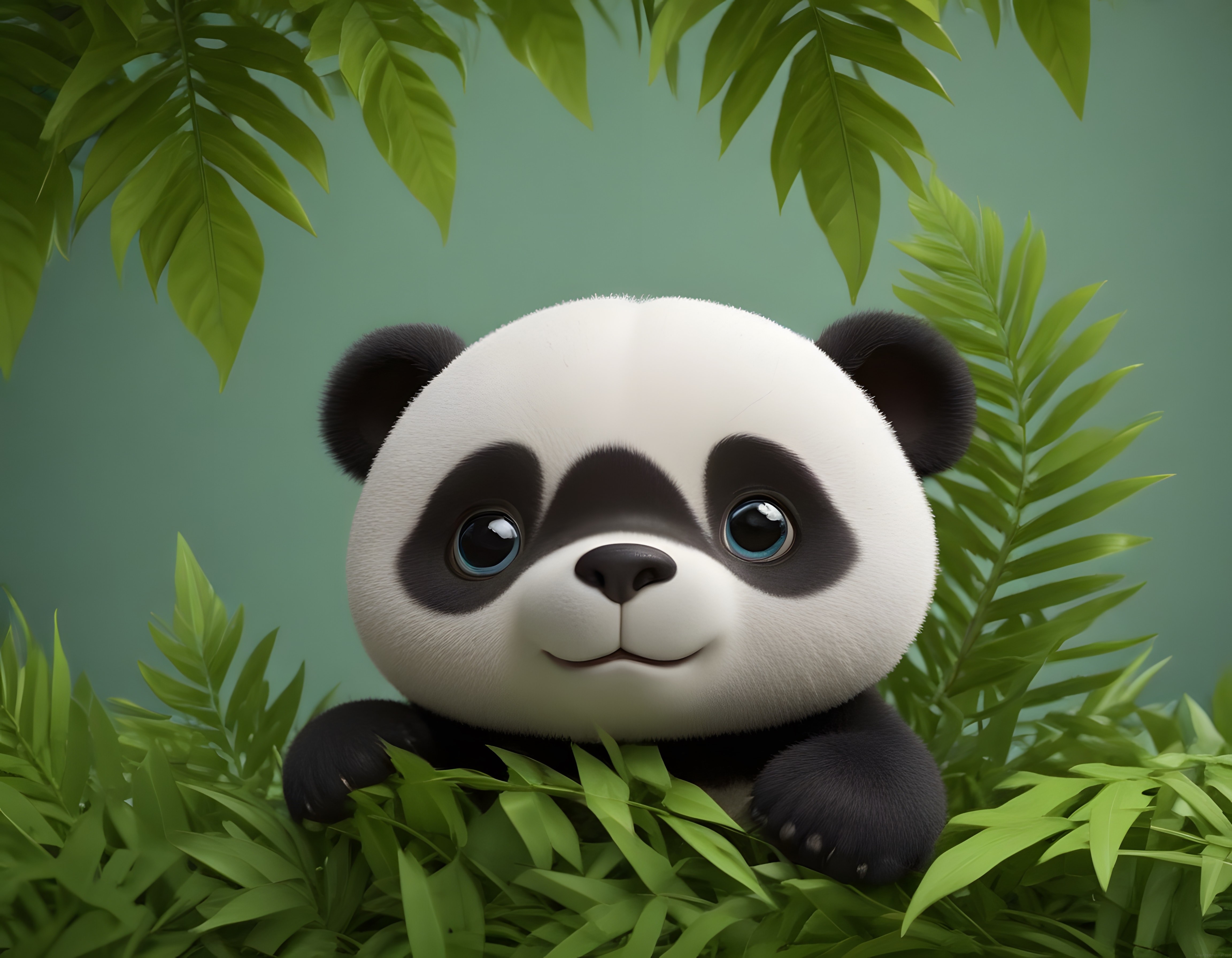 Sevimli 3D Animasyon Panda Yavrusu Yeşil Bambu Yaprakları Arasından Gülümsüyor