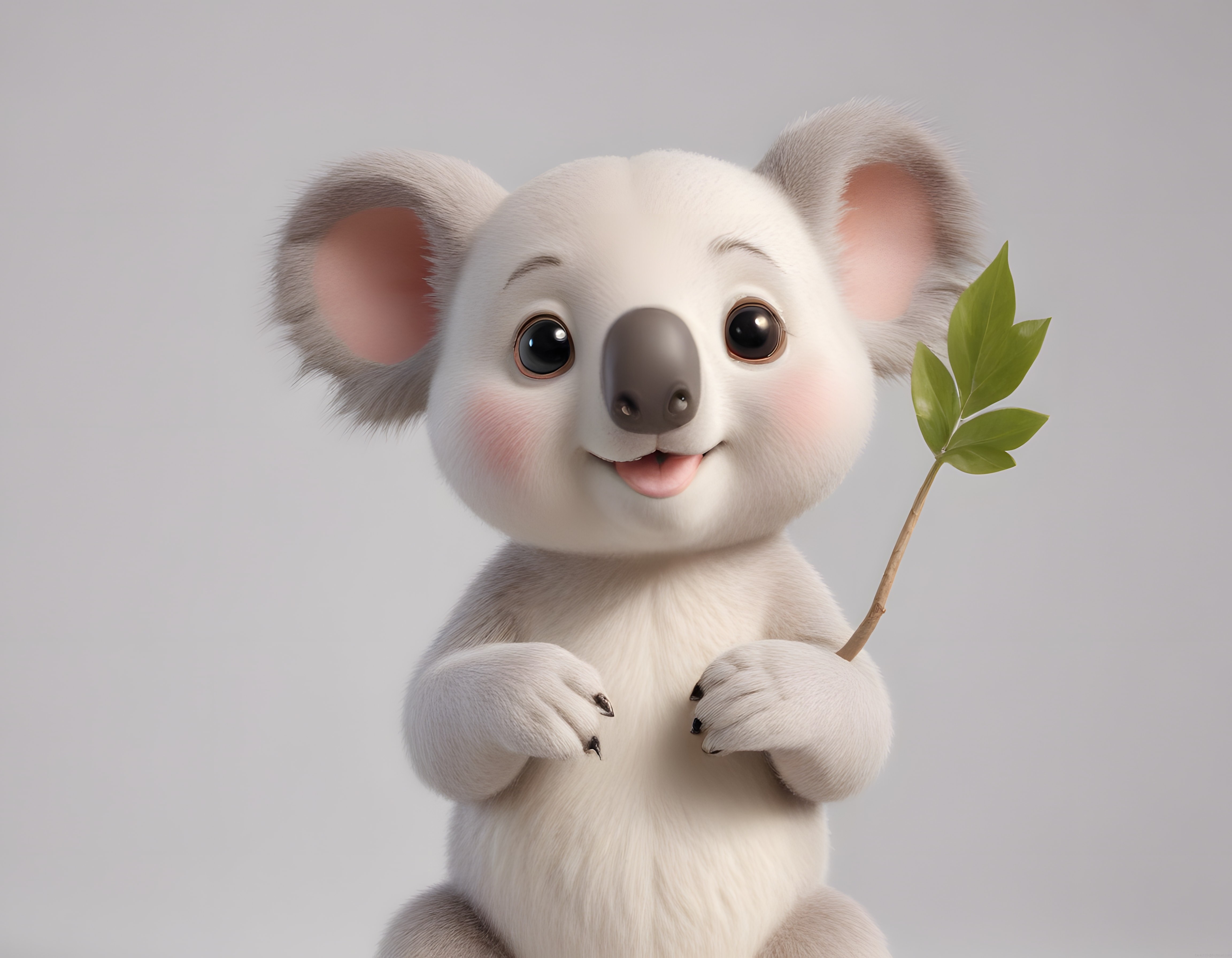 Sevimli 3D Animasyon Peluş Koala Karakteri ve Elindeki Canlı Yeşil Yaprak