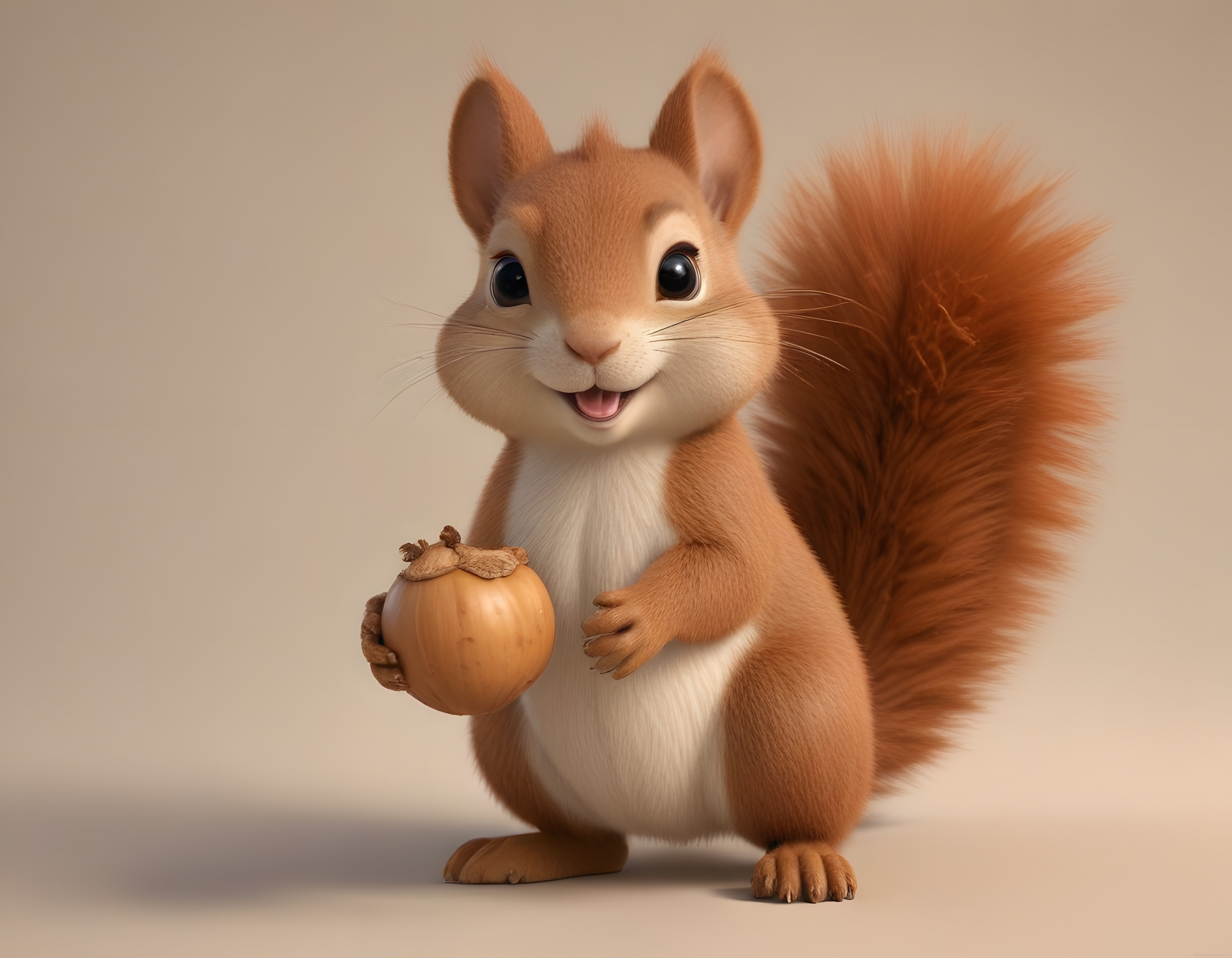Sevimli 3D Animasyon Sincap Karakteri Büyük Gözlü Maskot ve Meşe Palamudu