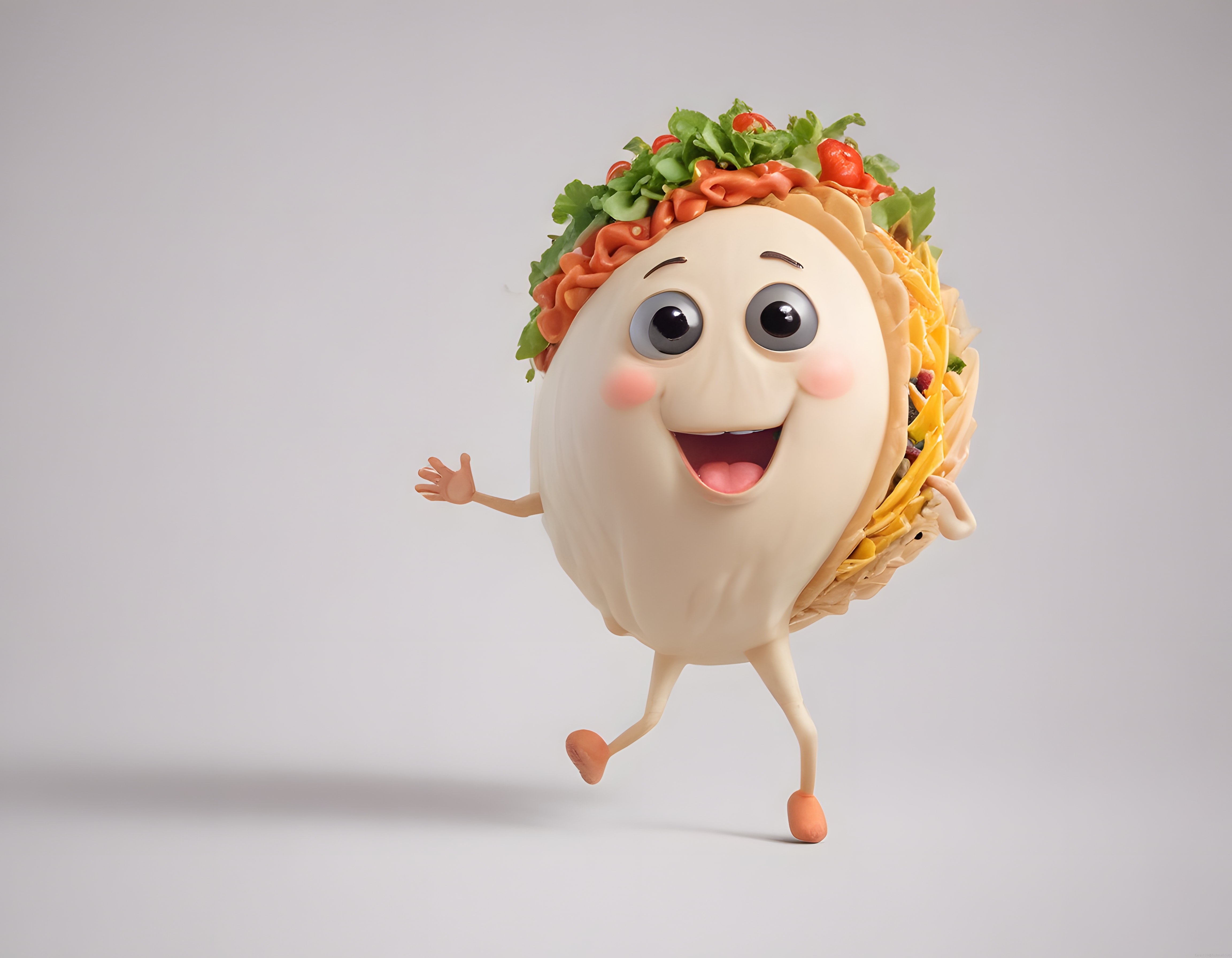 Sevimli 3D animasyon taco maskotu karakteri neşeli suratıyla yürüyüş pozunda
