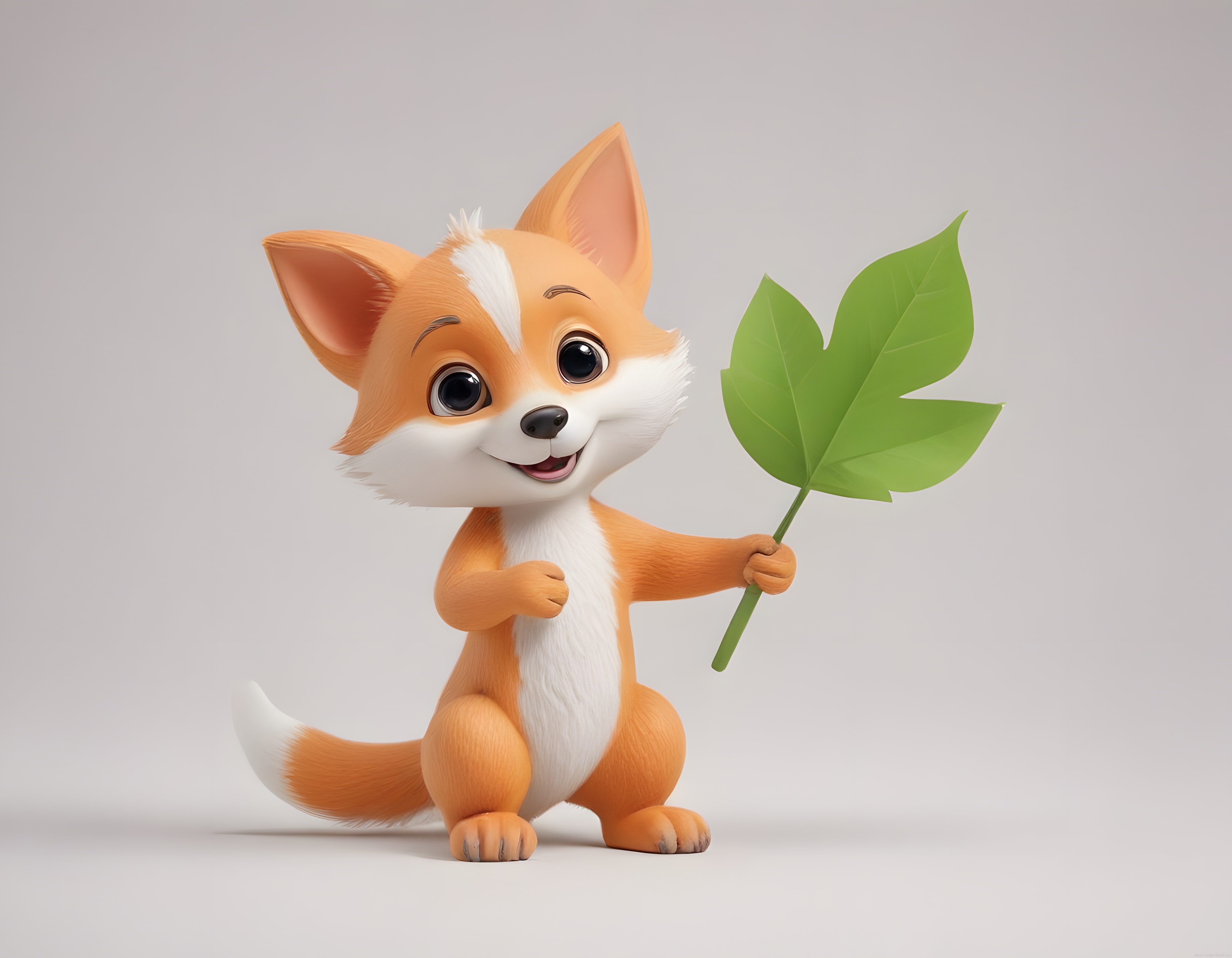 Sevimli 3D Animasyon Tilki Yavrusu, Elinde Yeşil Yaprak Tutan Neşeli Karakter