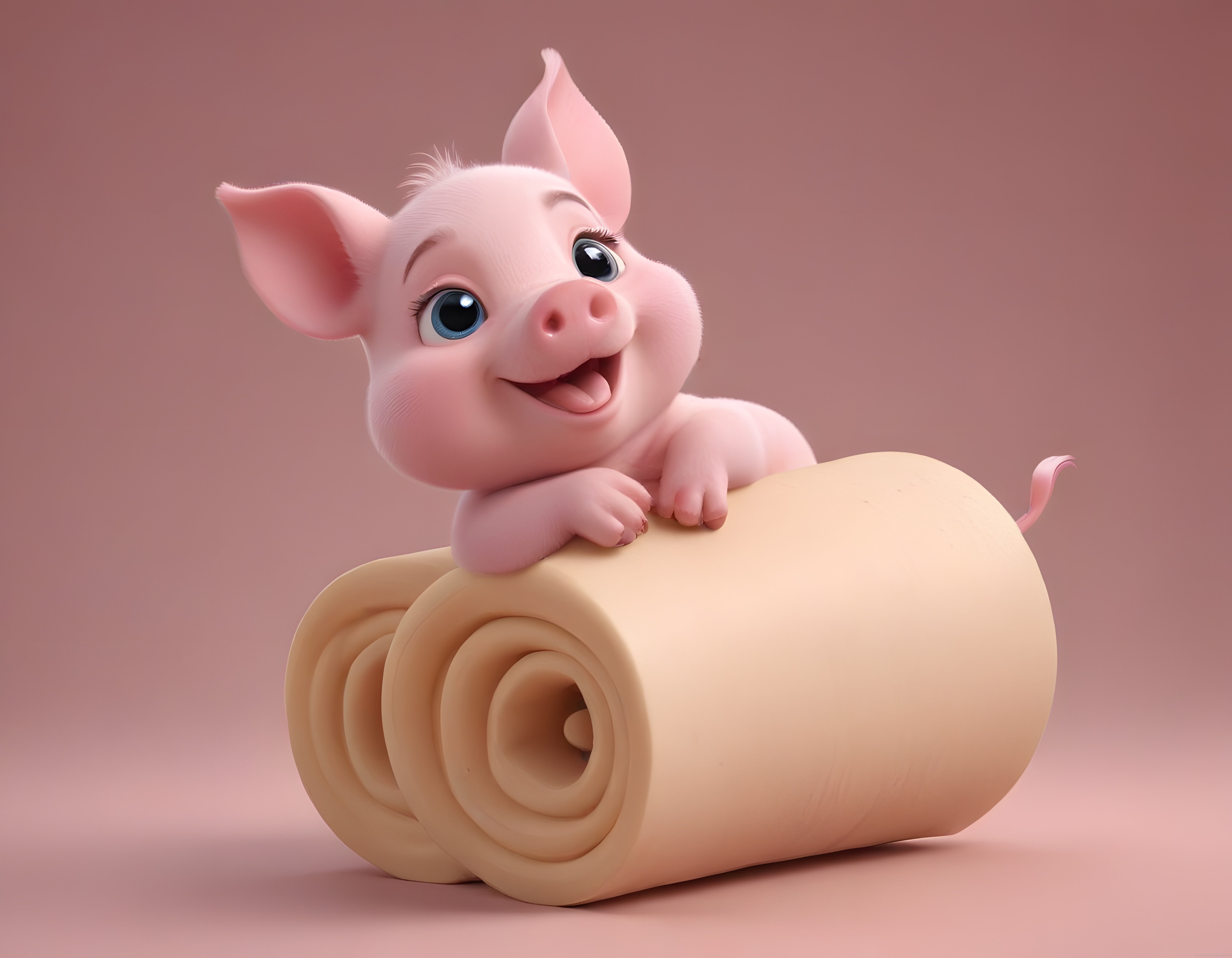 Sevimli 3D animasyon yavru domuz dev oklavanın üzerinde mutlu poz veriyor