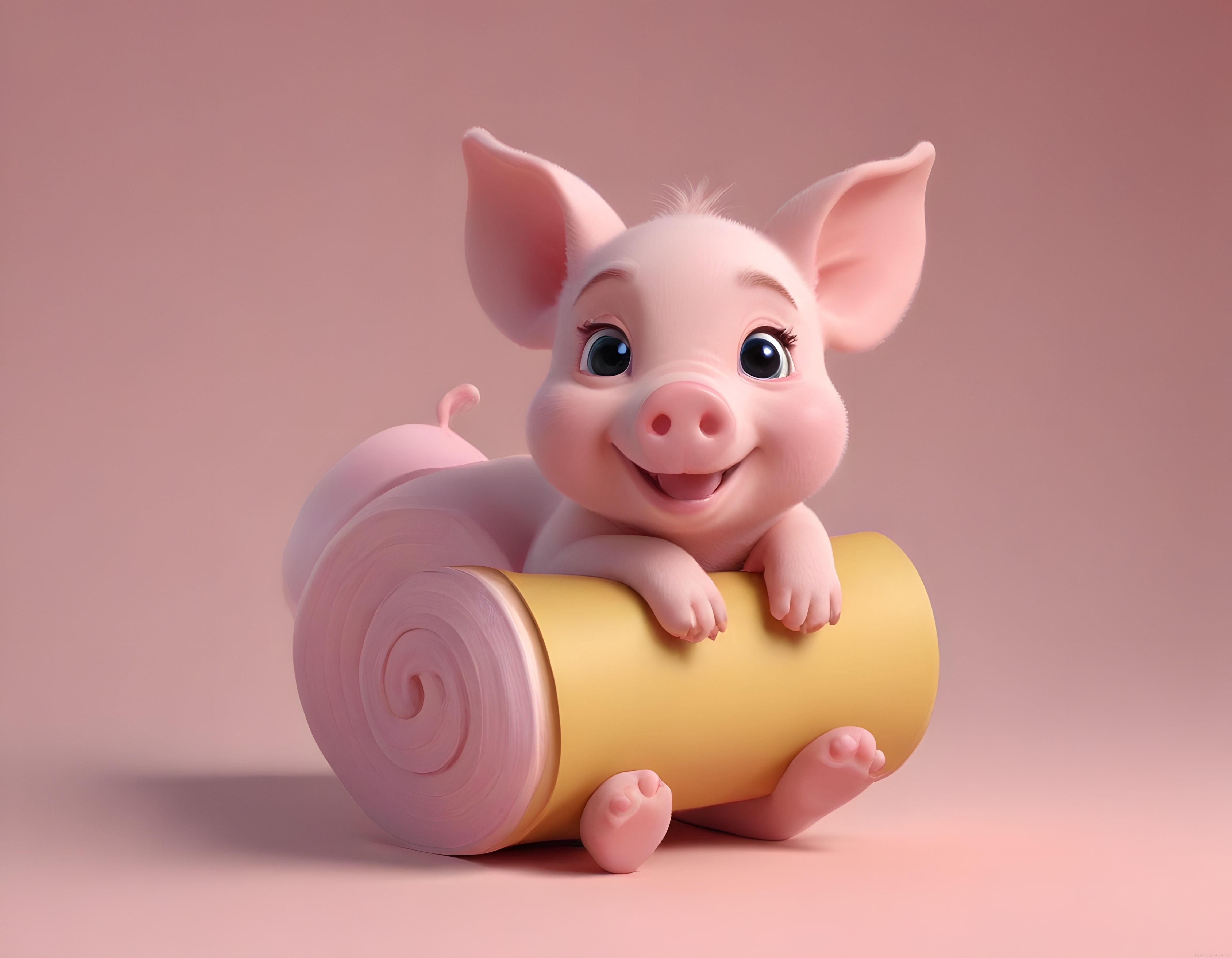 Sevimli 3D Animasyon Yavru Domuz Dev Pasta Rulosunda Gülümsüyor