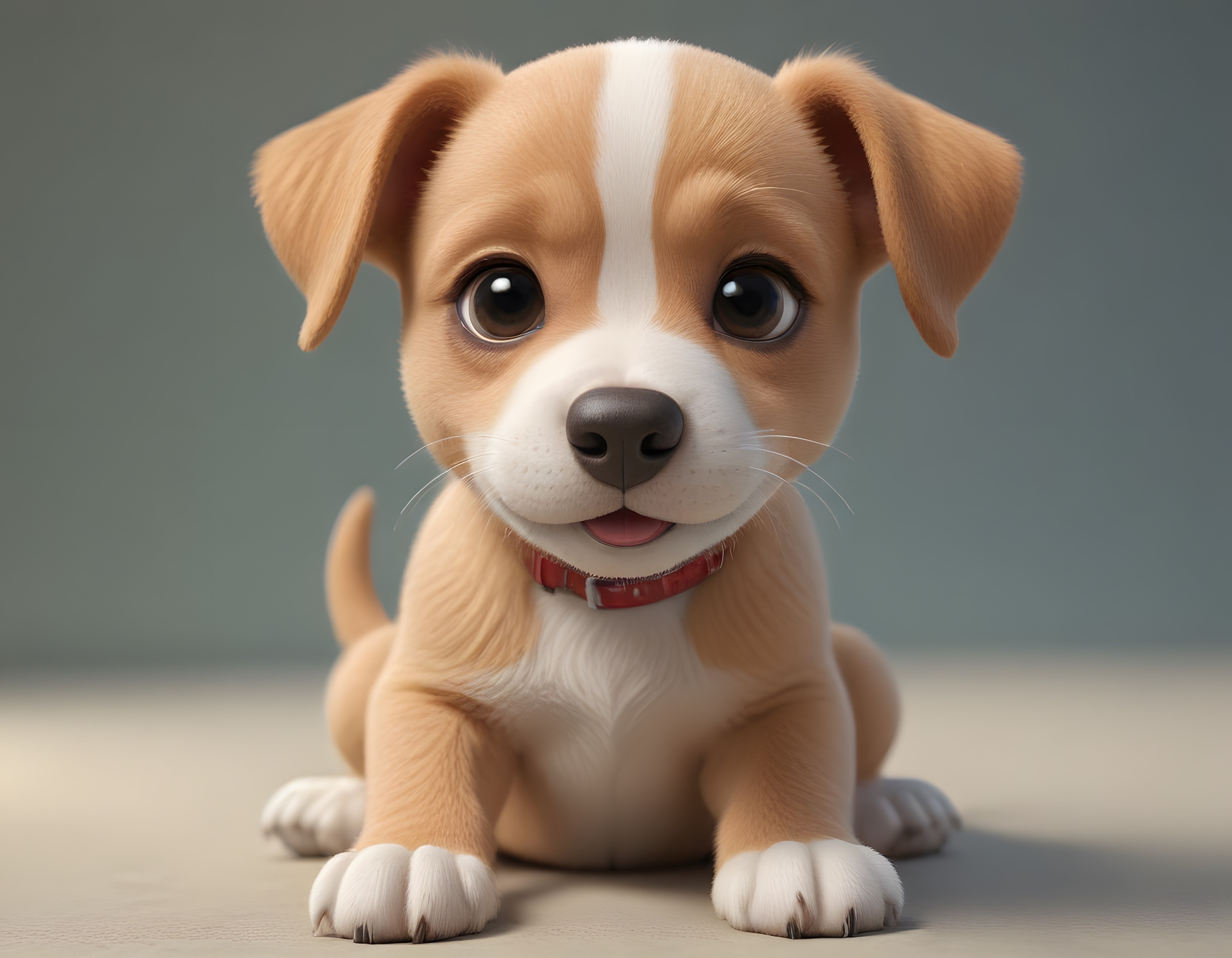 Sevimli 3D animasyon yavru köpek, büyük parlak gözleri ve kırmızı tasma