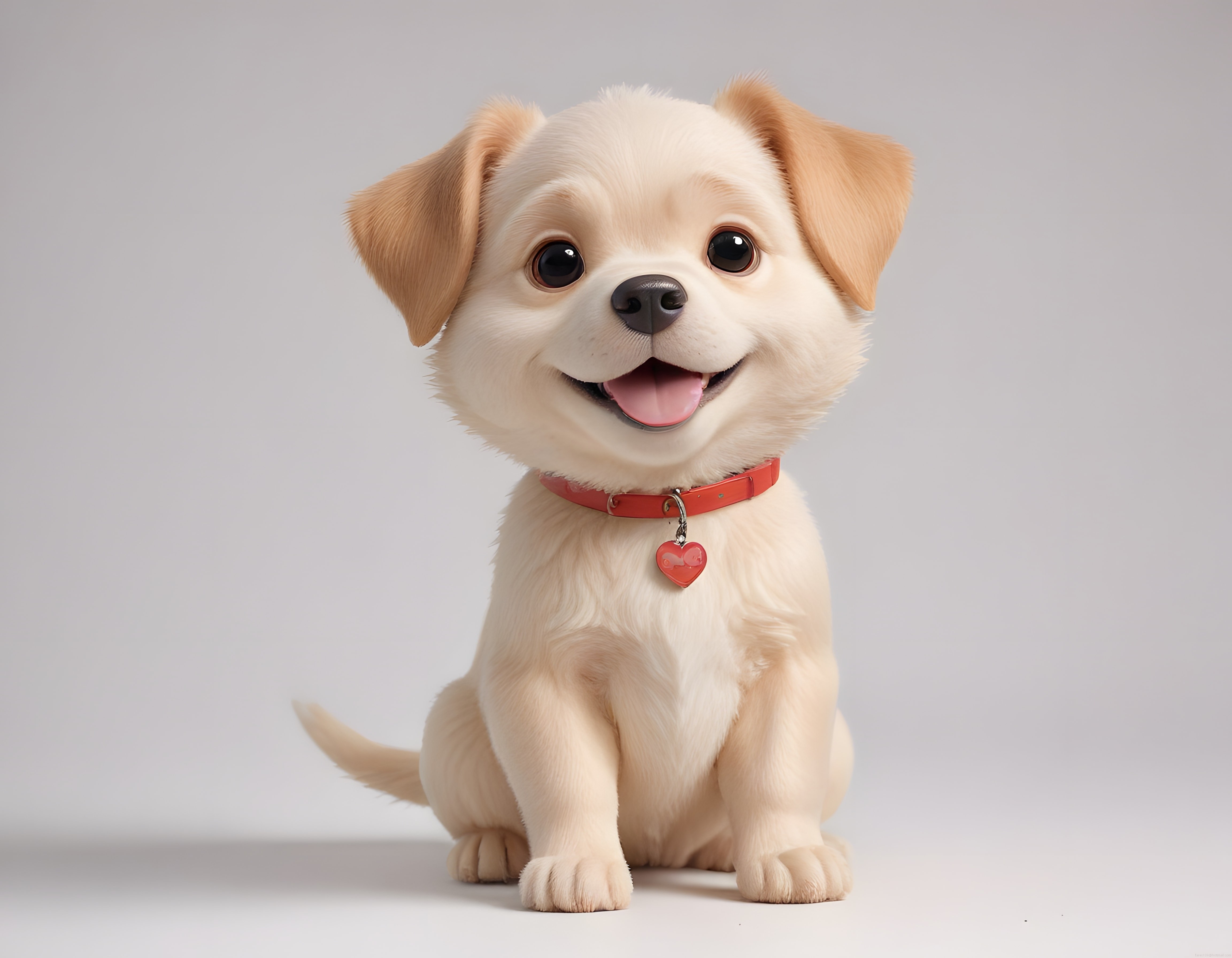 Sevimli 3D animasyon yavru köpek, kalpli tasma ve parlak gözlerle mutlu portre