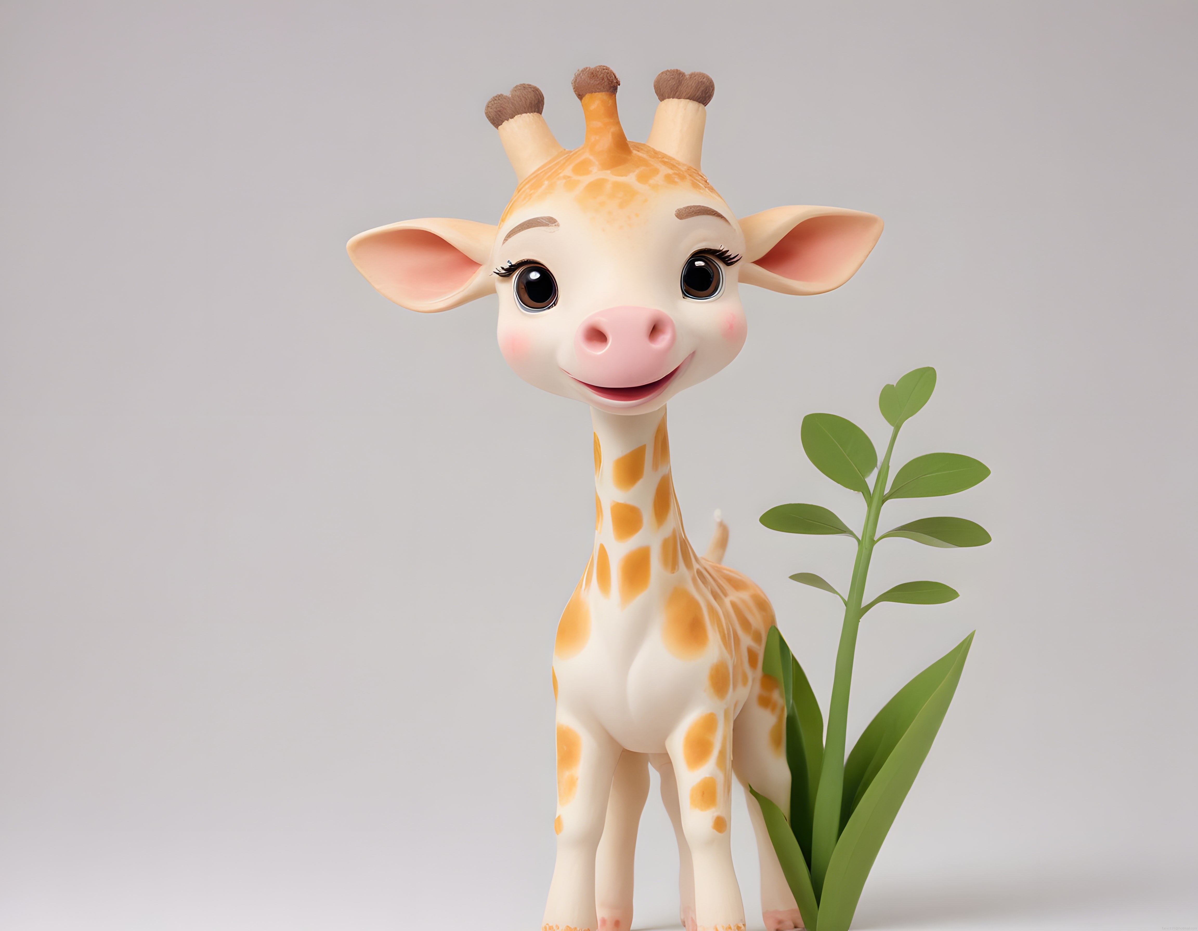 Sevimli 3D Animasyon Zürafa Yavrusu ve Yanındaki Minik Yeşil Bitki Arkaplanı