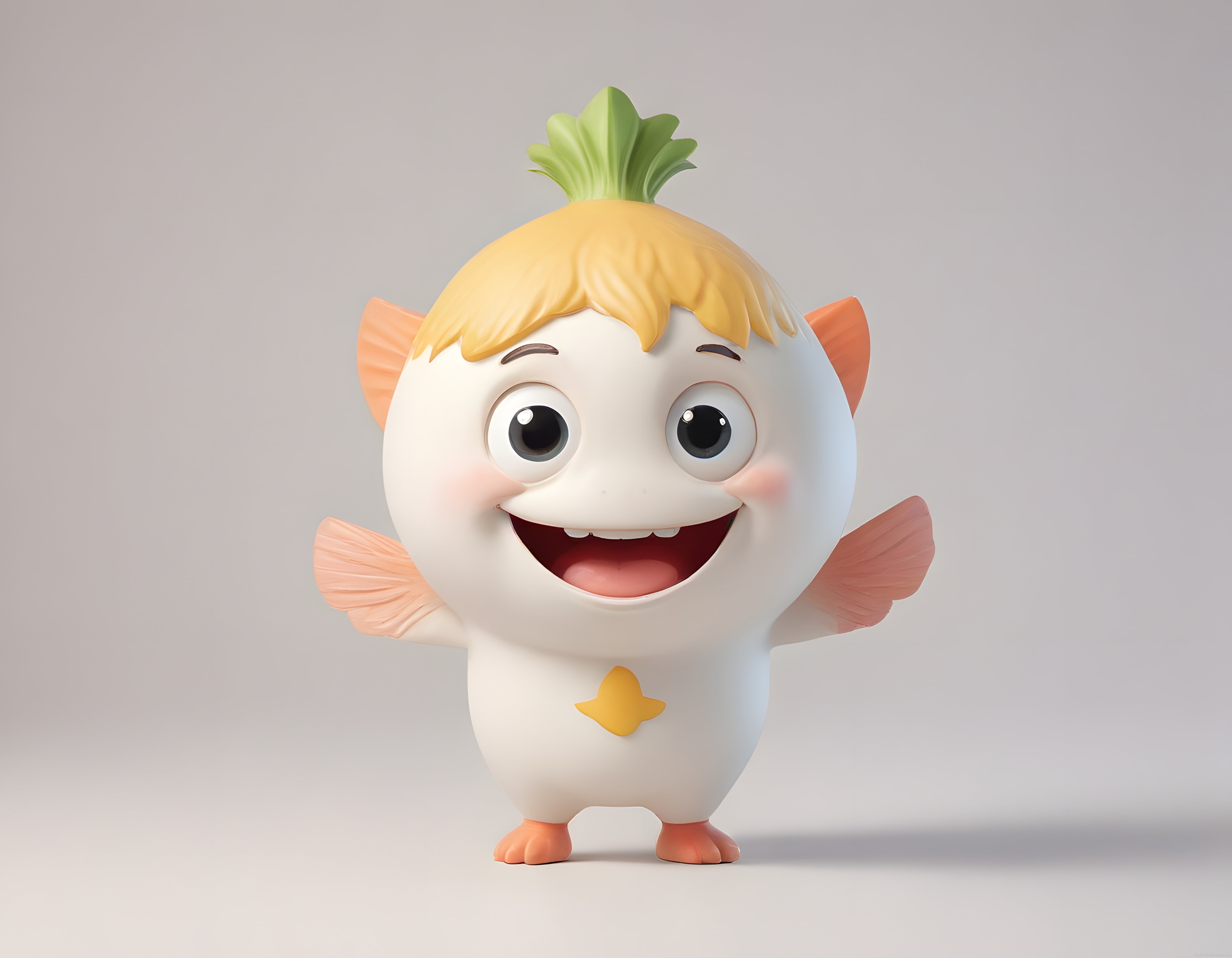 sevimli 3d balık maskot karakteri sarı saçları ve neşeli yüzüyle dikkat çekiyor