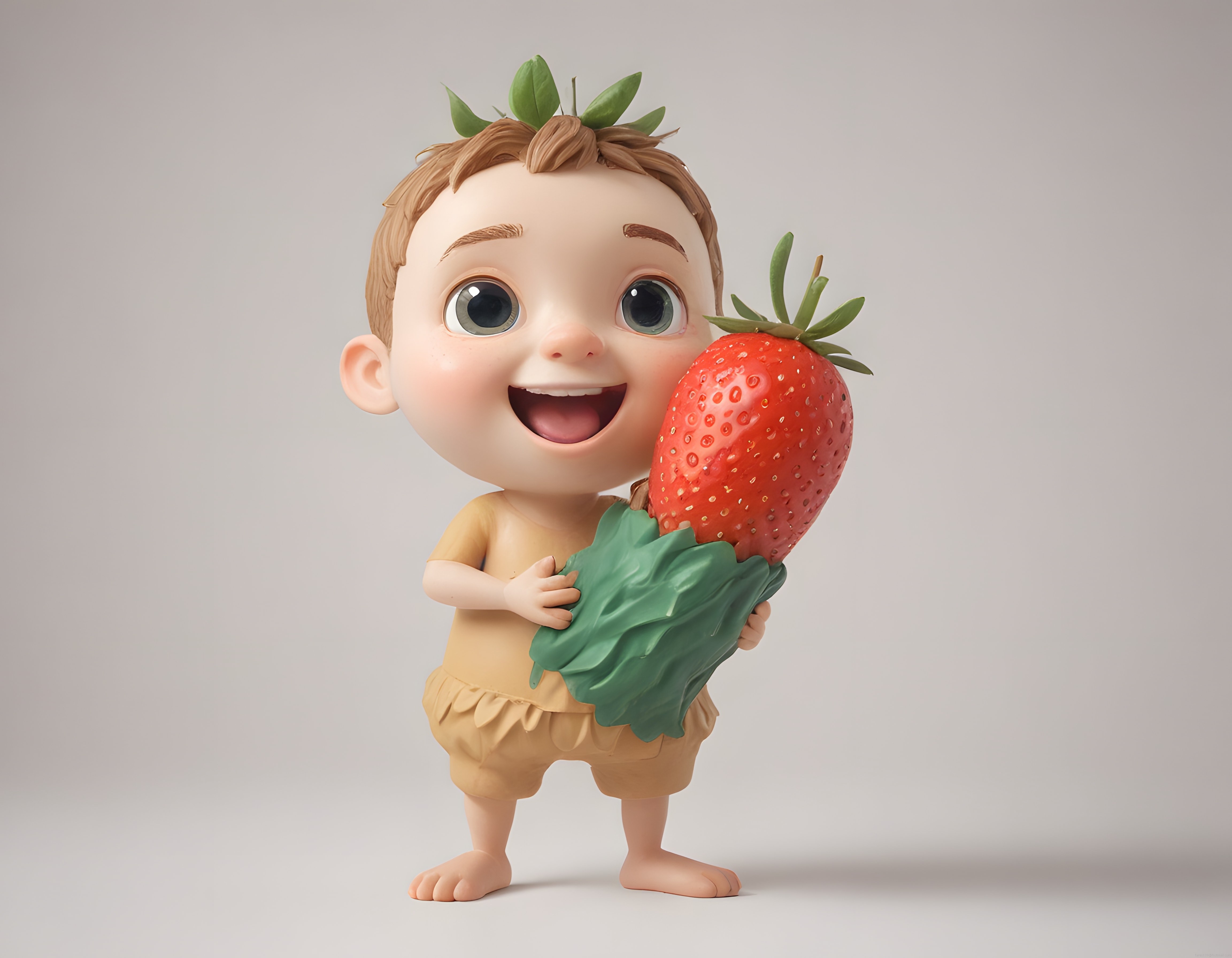 Sevimli 3D Bebek Animasyon Karakteri Dev Kırmızı Çilek Tutuyor Stüdyo Ortamı