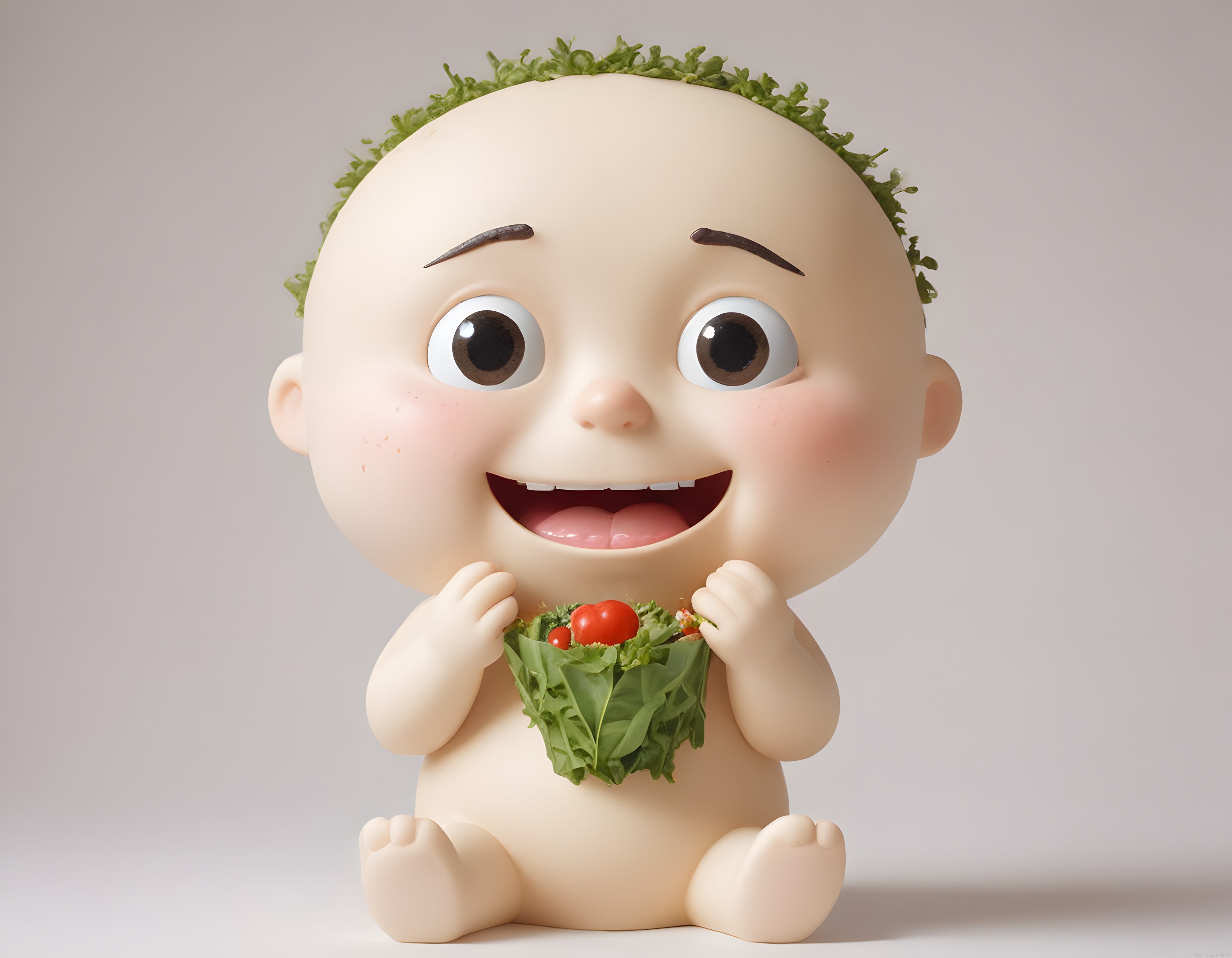 Sevimli 3D Bebek Karakter Sağlıklı Yeşil Salata ile Mutlu Animasyon Figürü