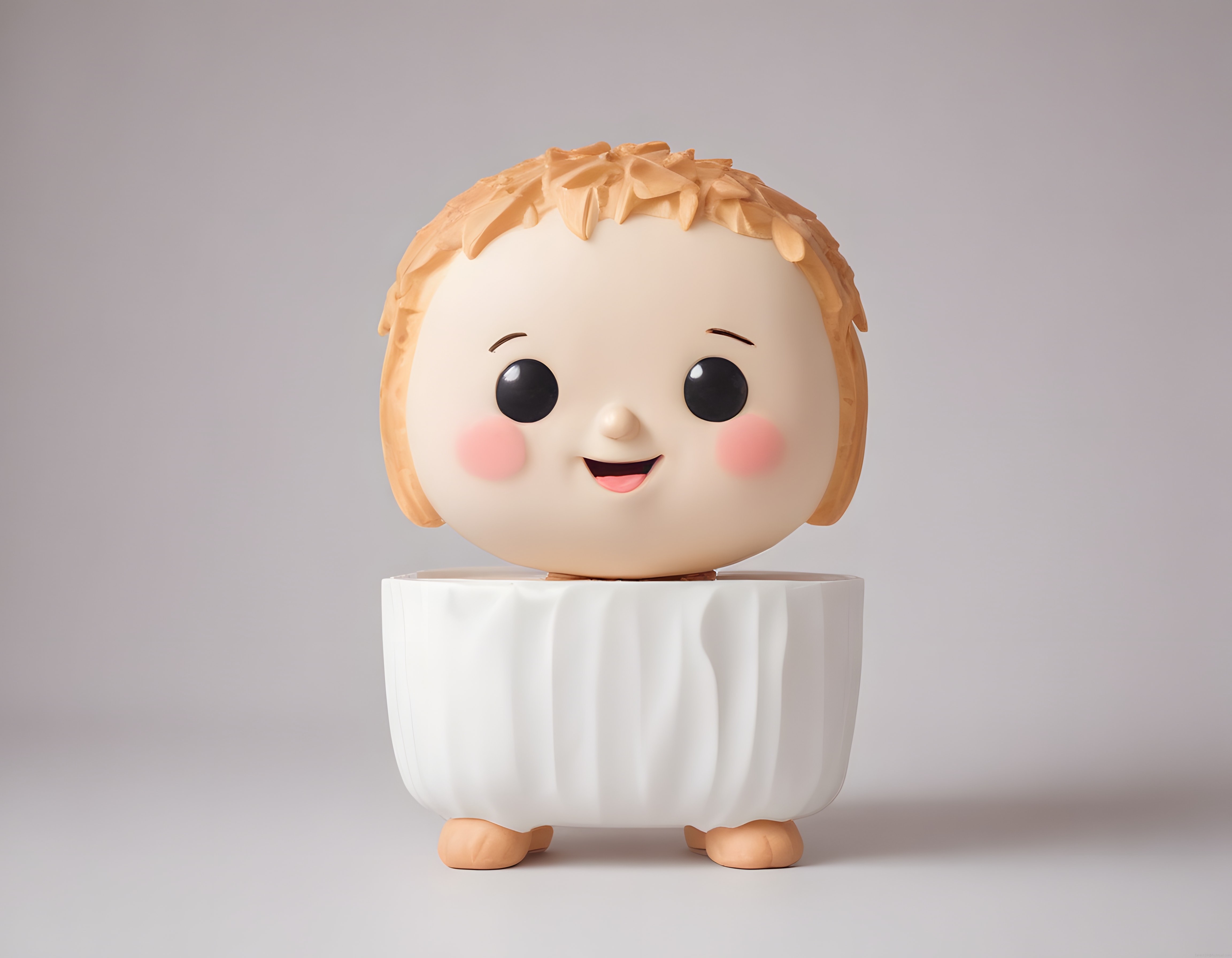 Sevimli 3D Bebek Karakteri: Kawaii Stilinde Büyük Gözlü Beyaz Giyimli Figür