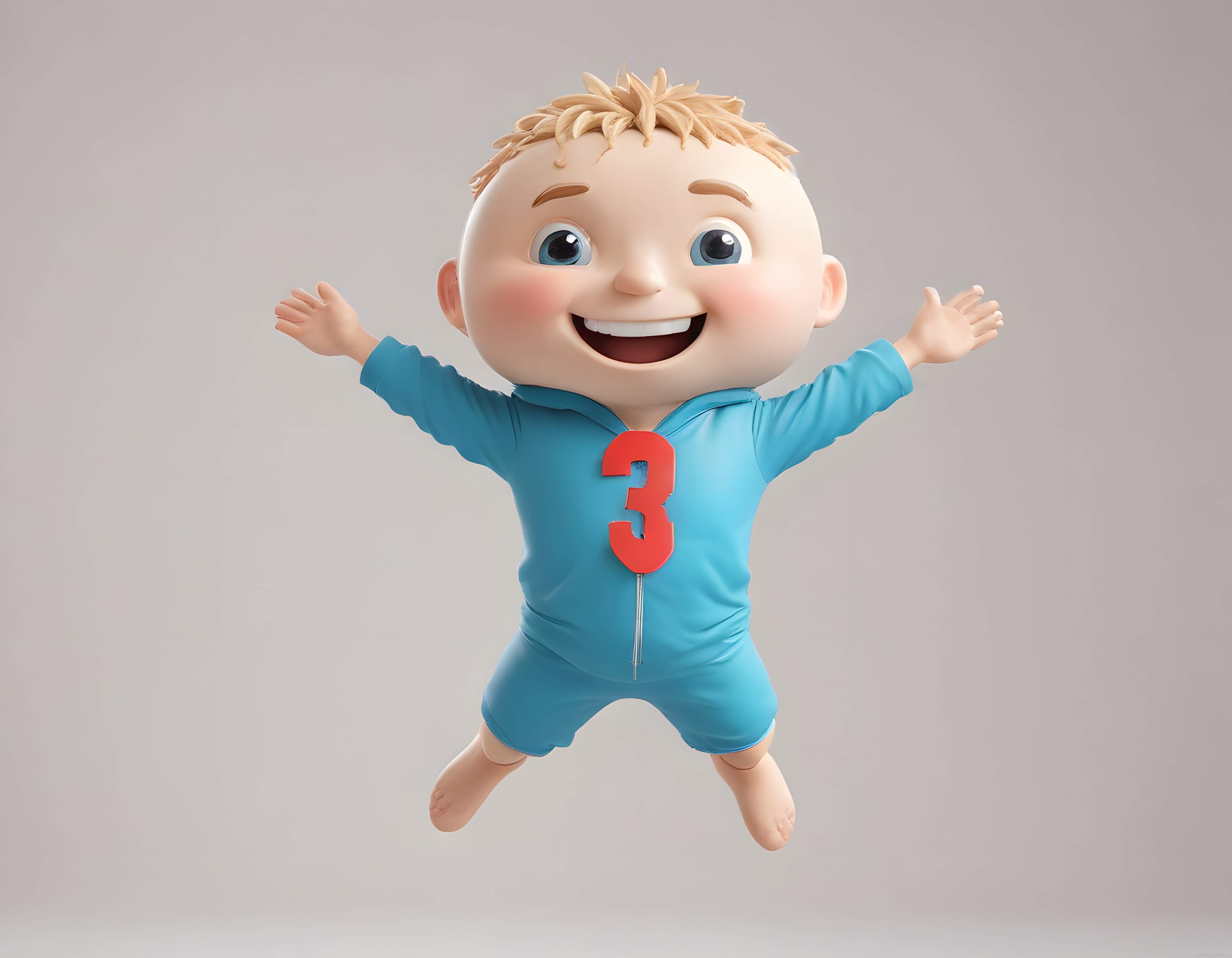 Sevimli 3D bebek karakteri mavi tulumunda kırmızı üç numarayla neşeyle zıplıyor