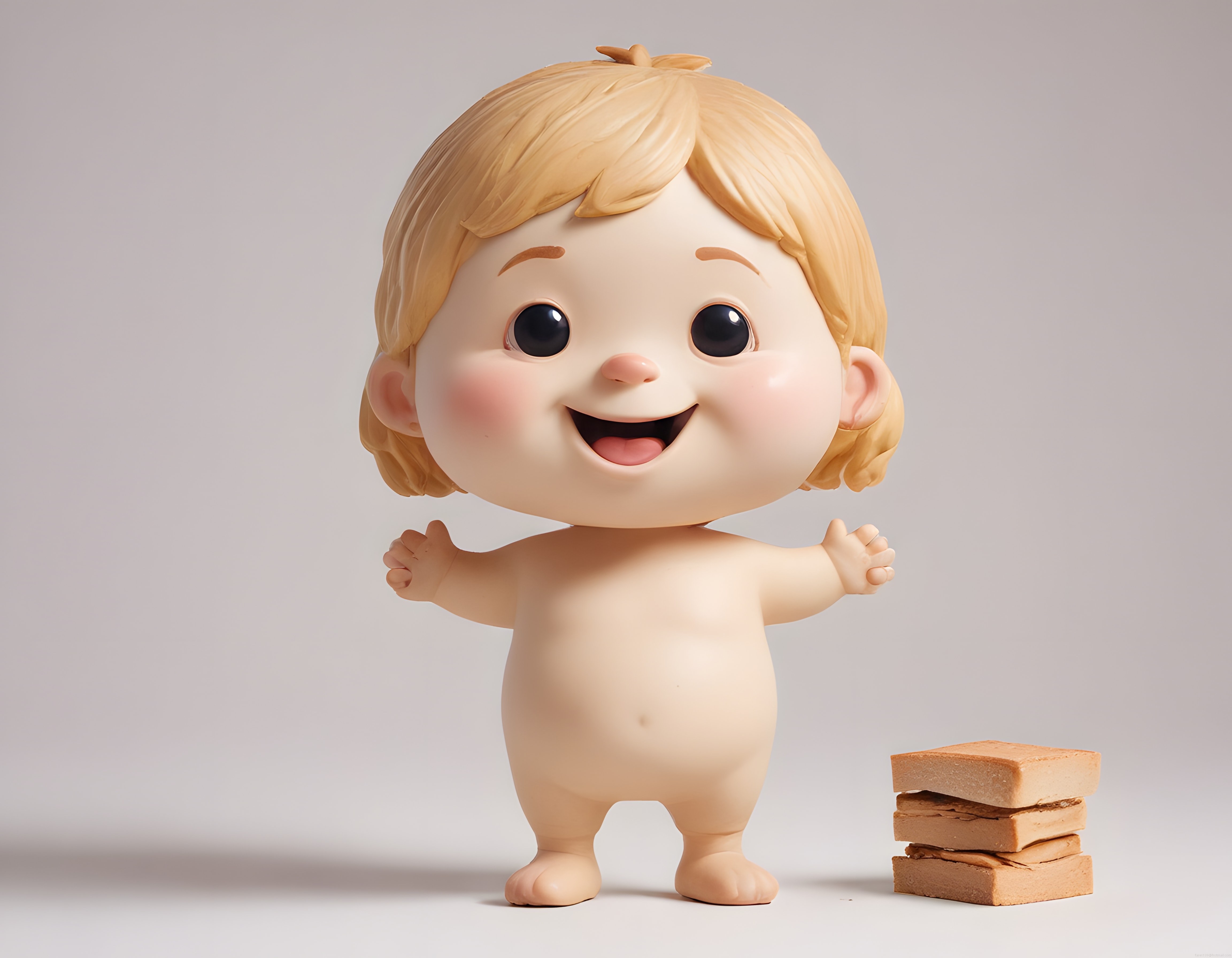 Sevimli 3D bebek karakteri ve yanında üst üste dizilmiş ekmek dilimleri