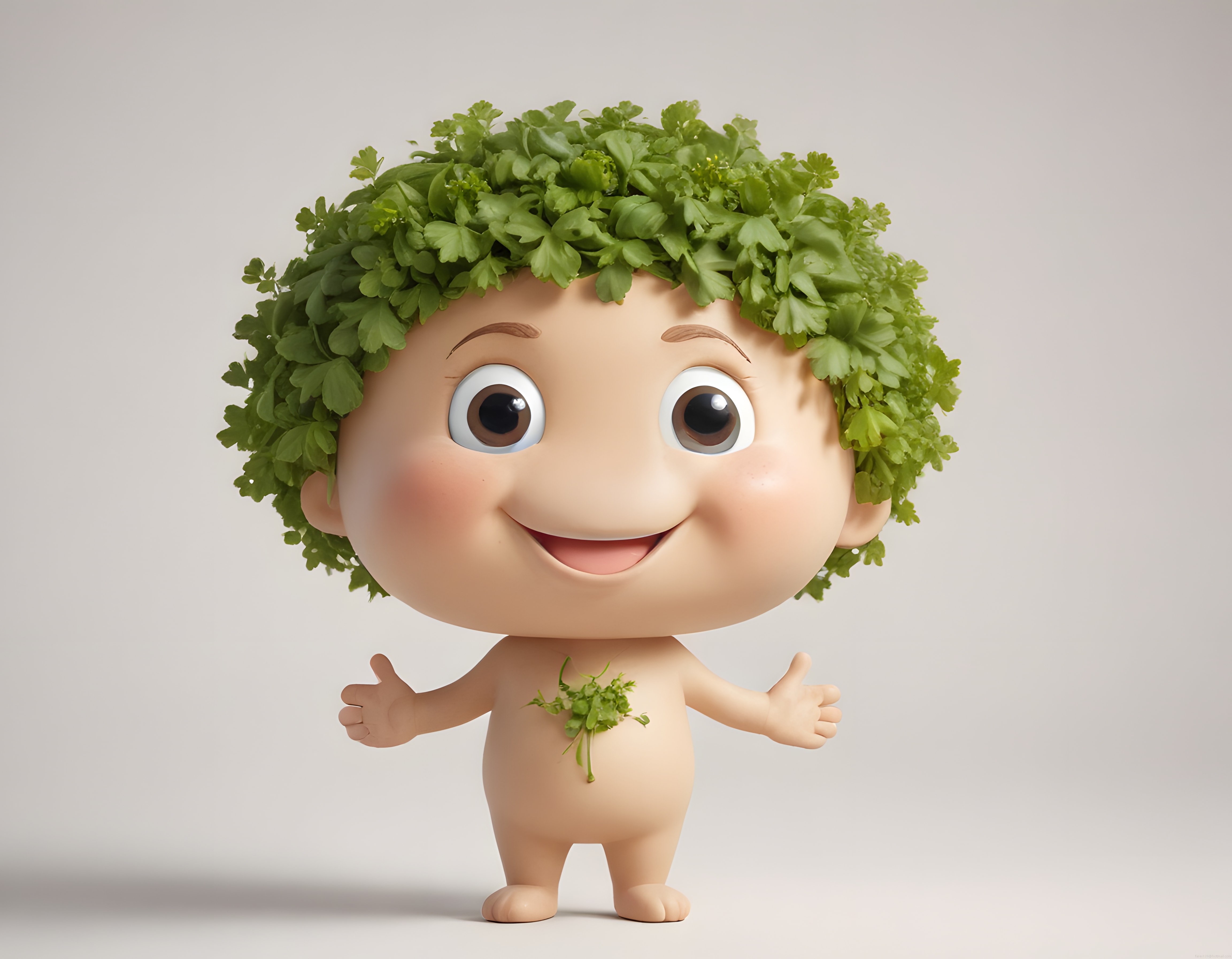 Sevimli 3D Bebek Karakteri: Yeşil Bitkilerden Saçlarıyla Doğa Temalı Animasyon