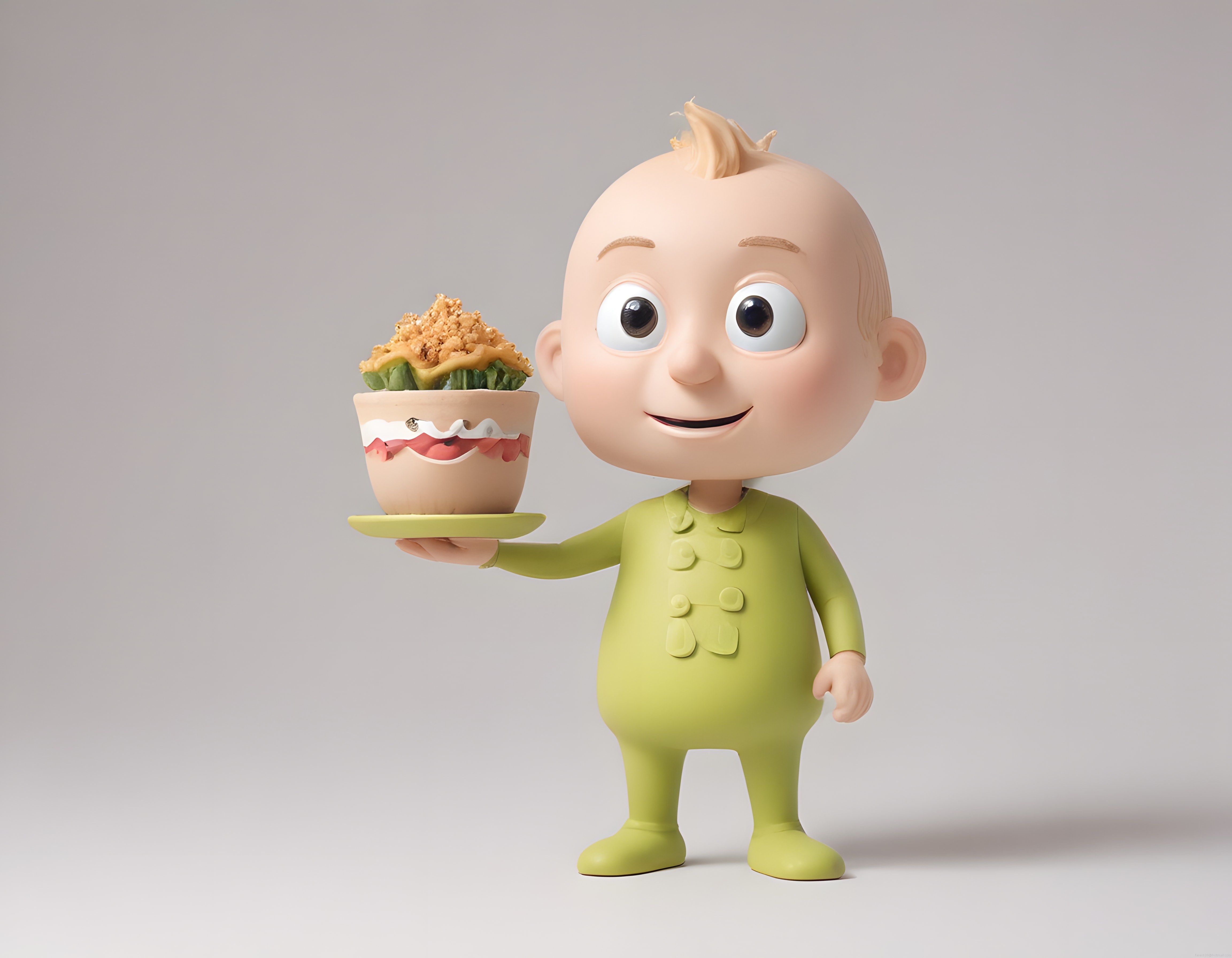 Sevimli 3D bebek karakteri yeşil tulumuyla elinde cupcake sunuyor